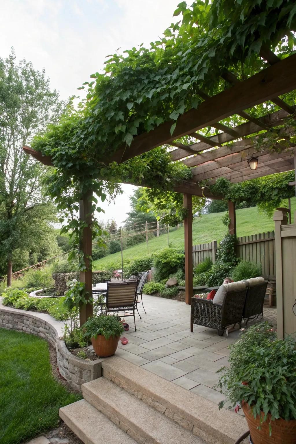 A pergola offering shade and elegance to a sloped patio.