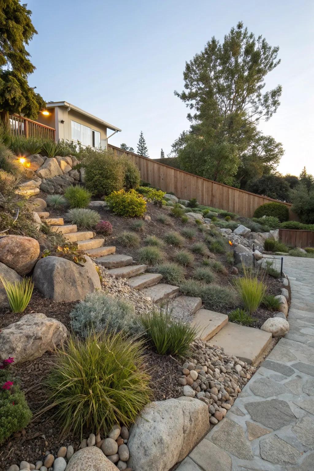 Rock gardens offer a low-maintenance and visually appealing solution for slopes.