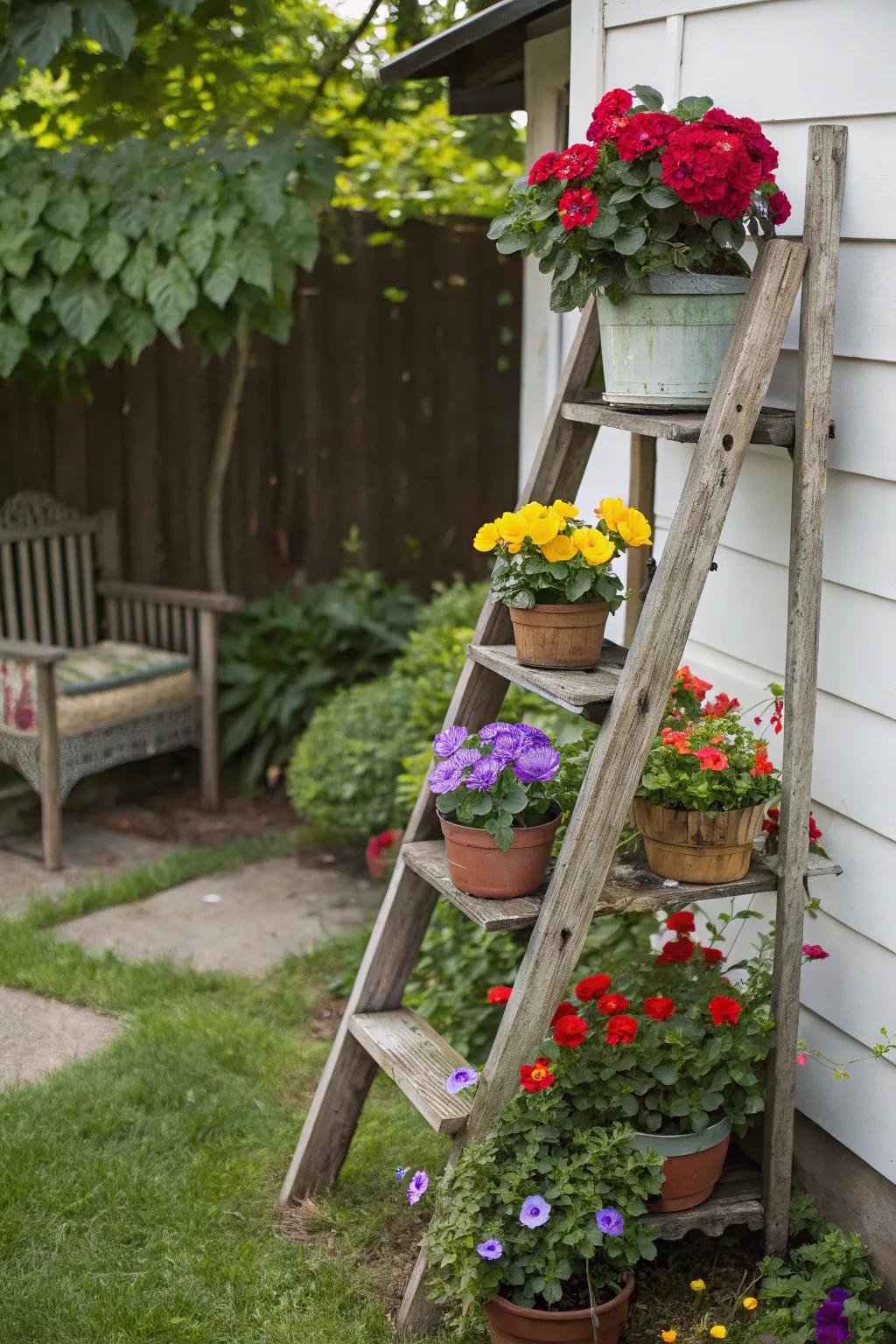 An old ladder repurposed as a charming plant stand.