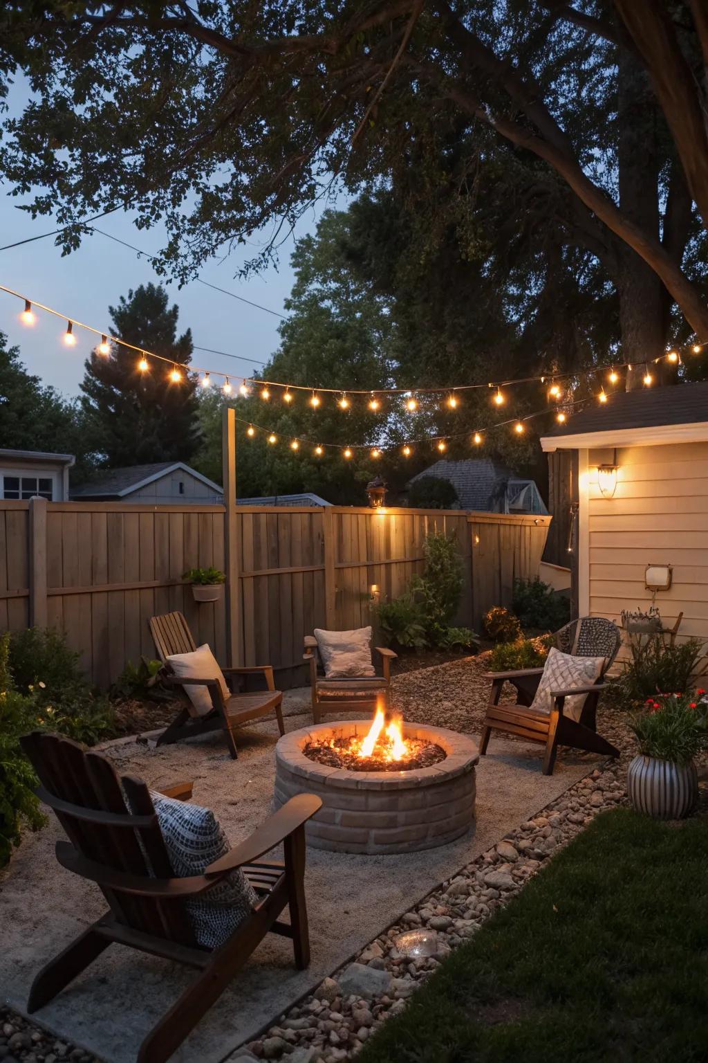 A fire pit creates a warm and inviting gathering spot.
