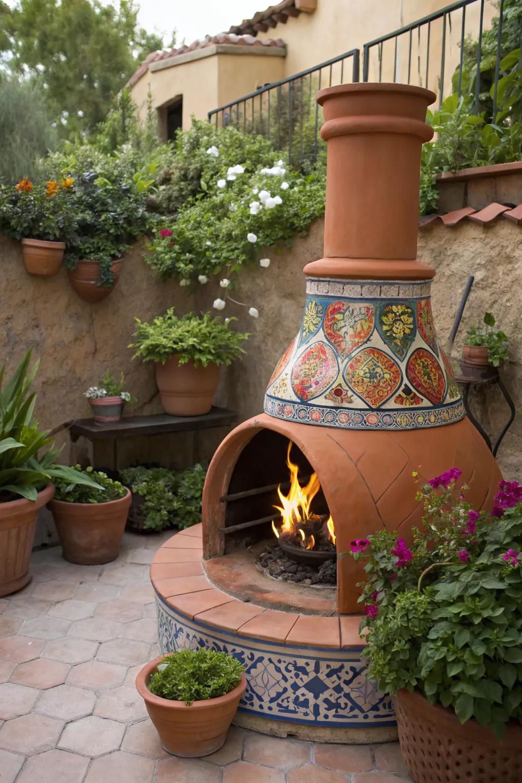 Exotic Mediterranean style with a terracotta fire pit.