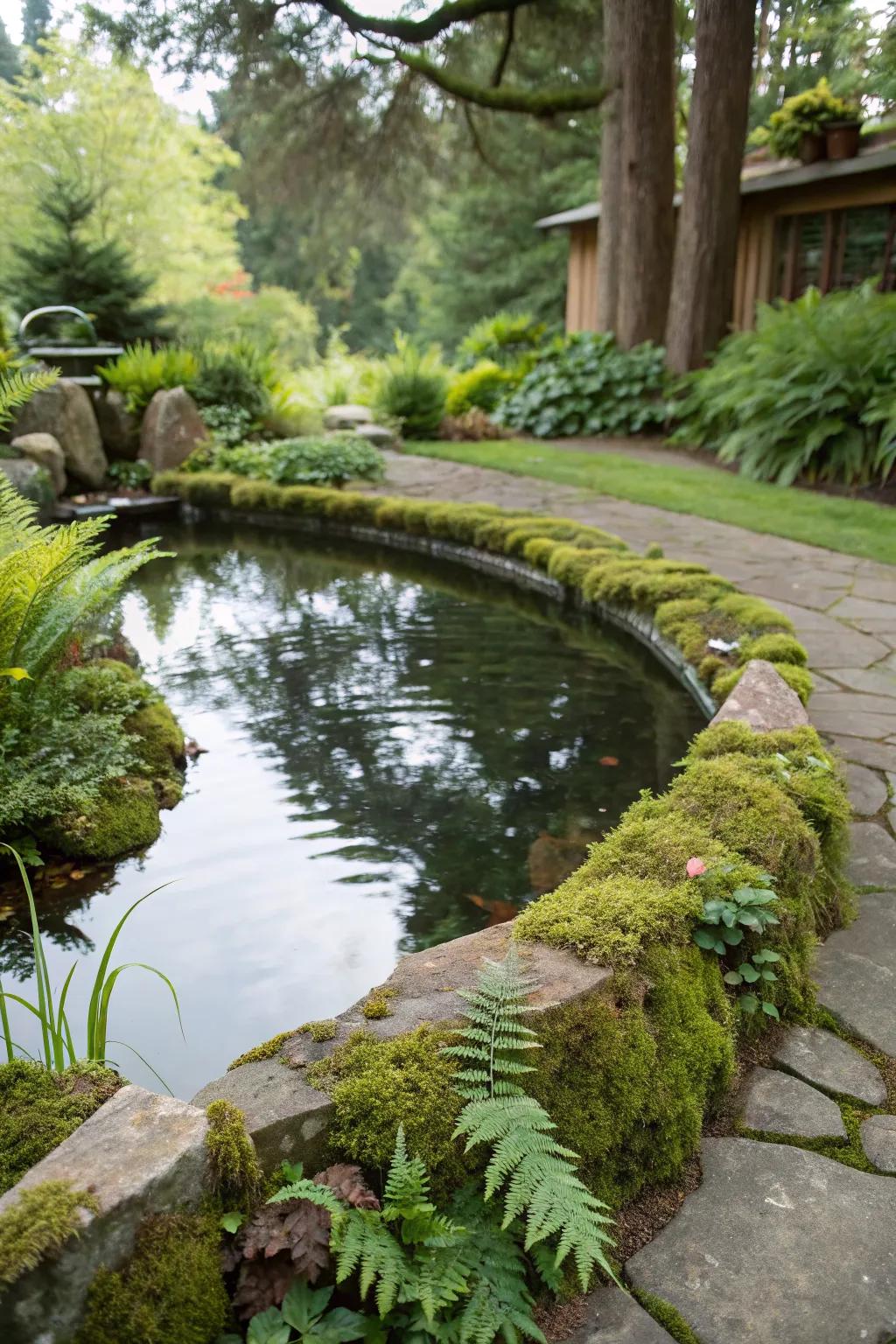 A backyard pond with a soft, naturalistic edge.