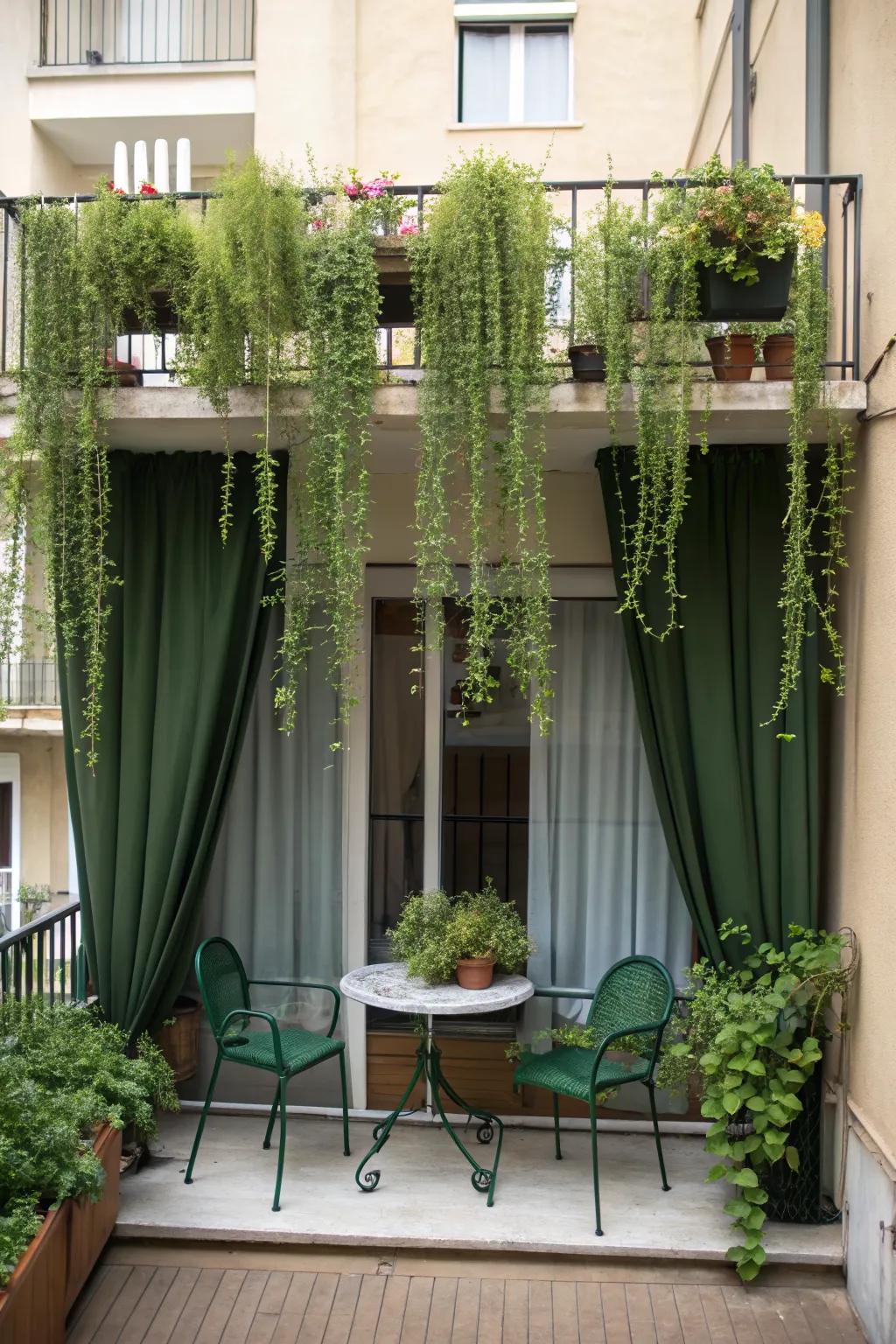 Hanging planters create a natural curtain of greenery.