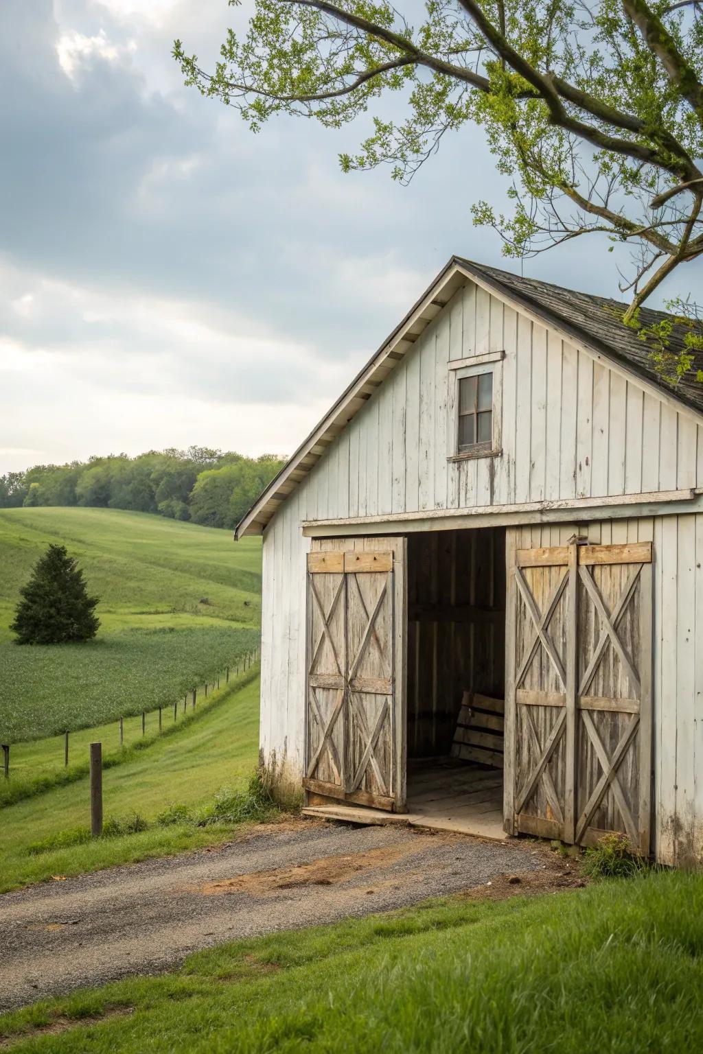 Charming sliding barn doors add a rustic touch to this small barn.