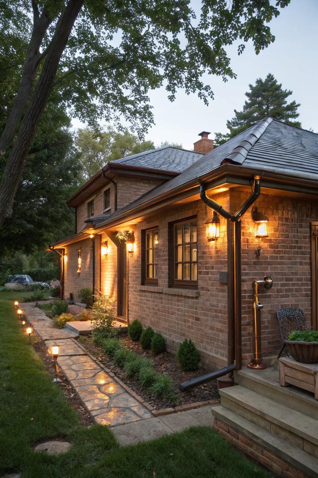 A small brick house enhanced by elegant copper accents.