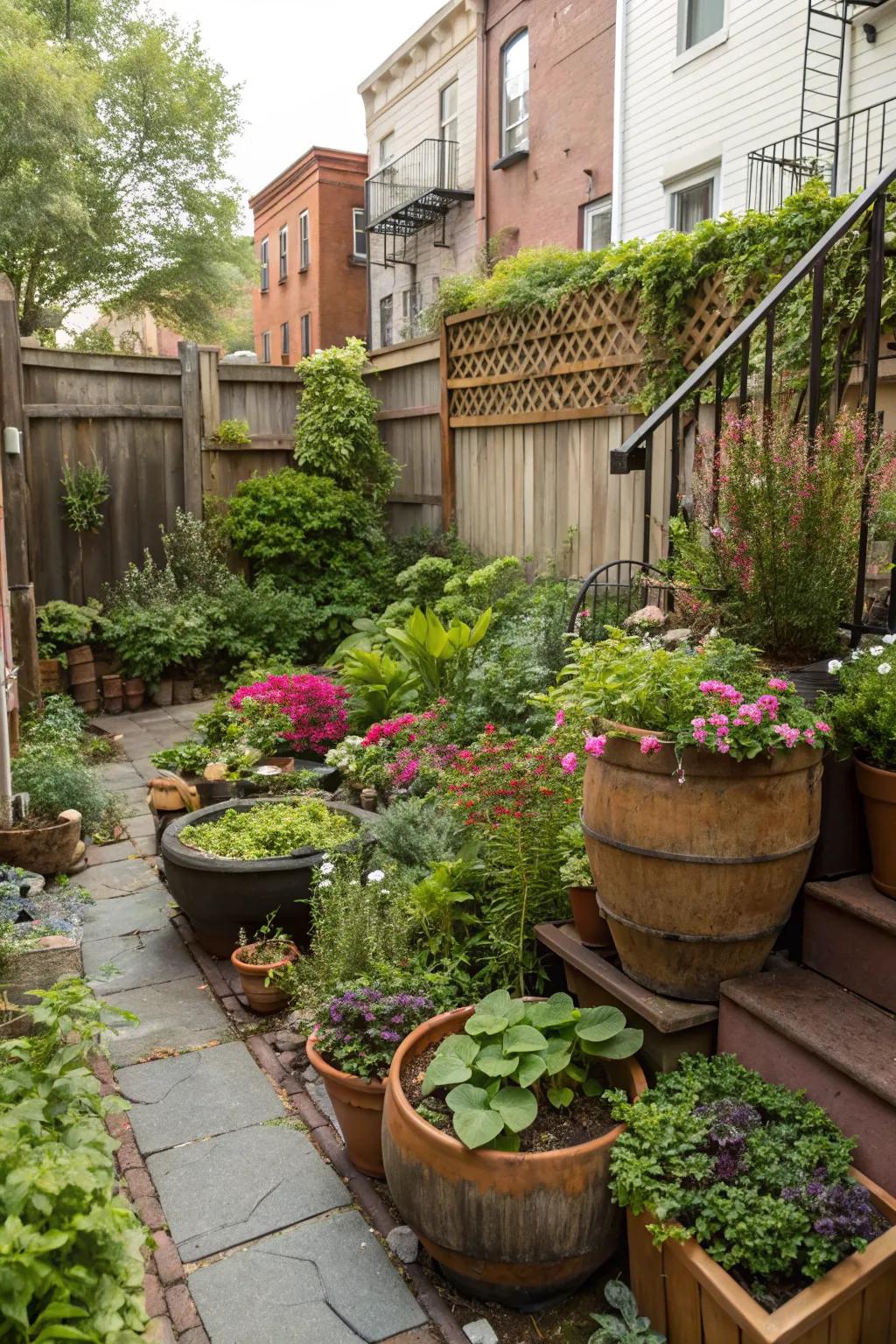 Diverse planters add personality and vibrancy to any backyard.
