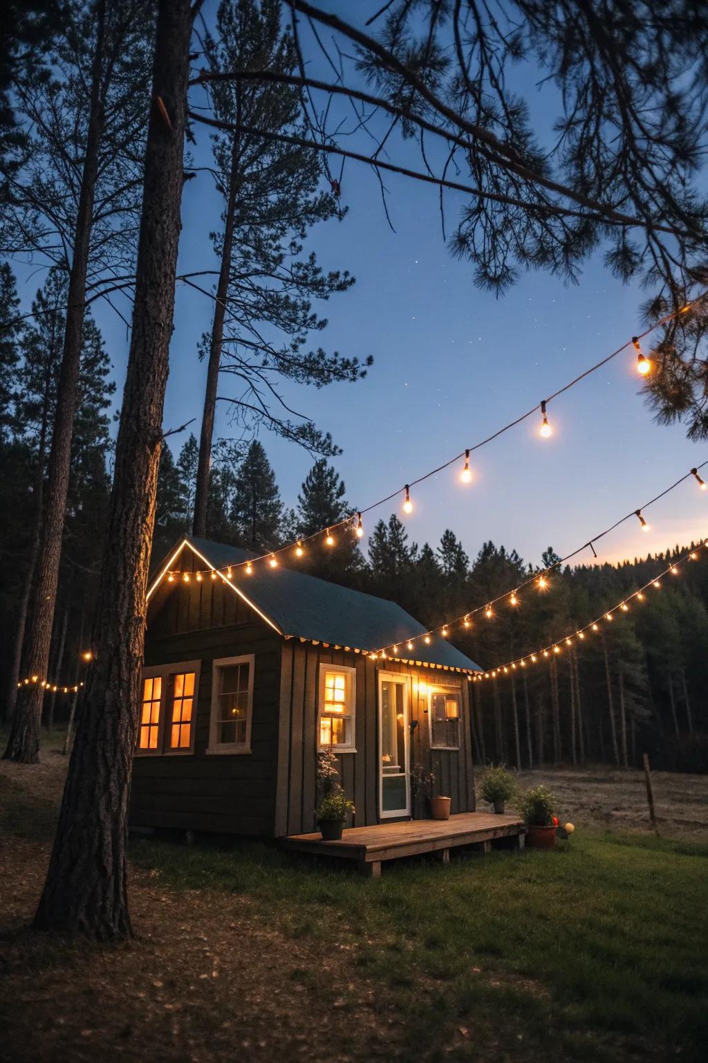 A cabin illuminated by the soft glow of outdoor string lights.