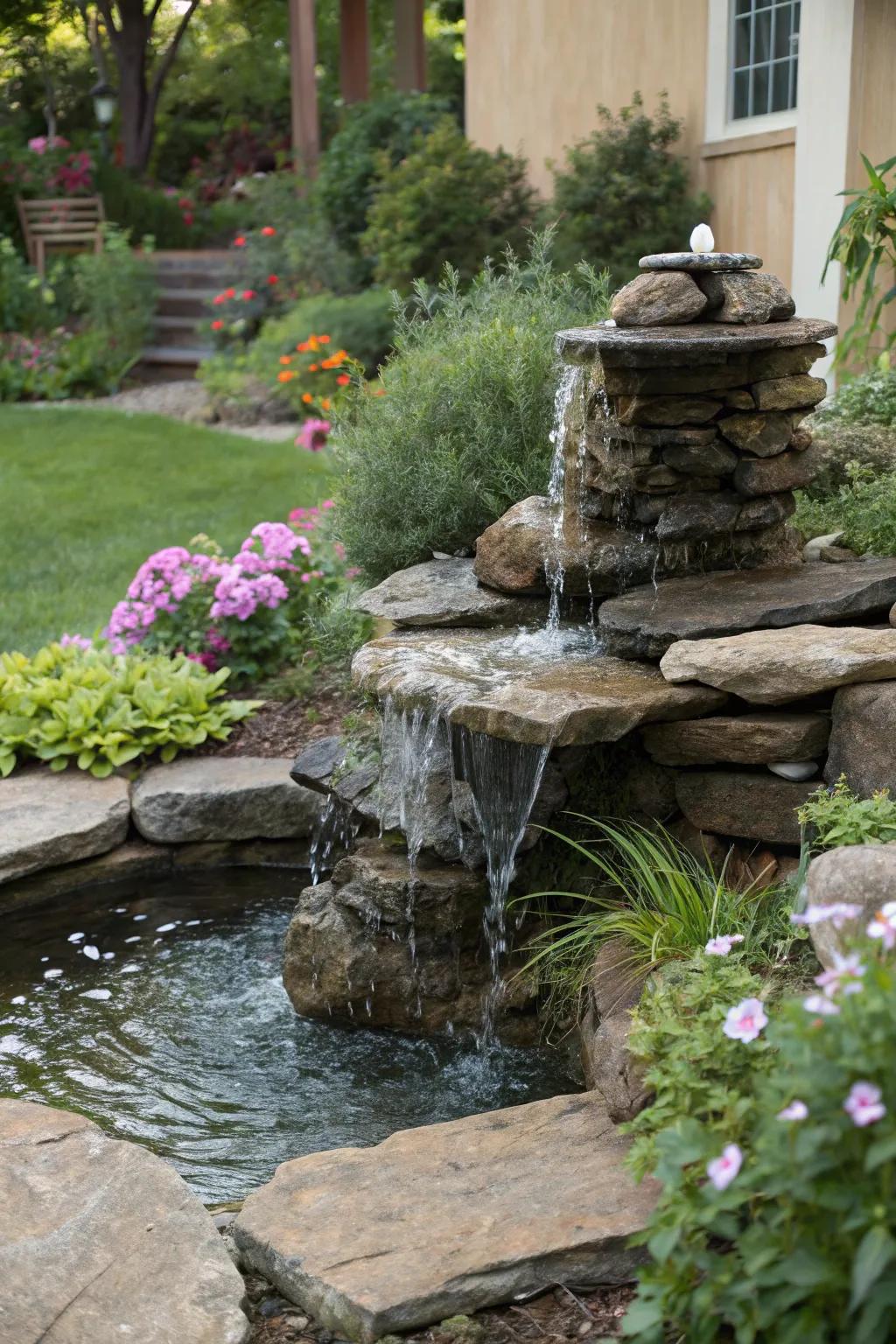 Natural rock fountains blend seamlessly with garden landscapes.