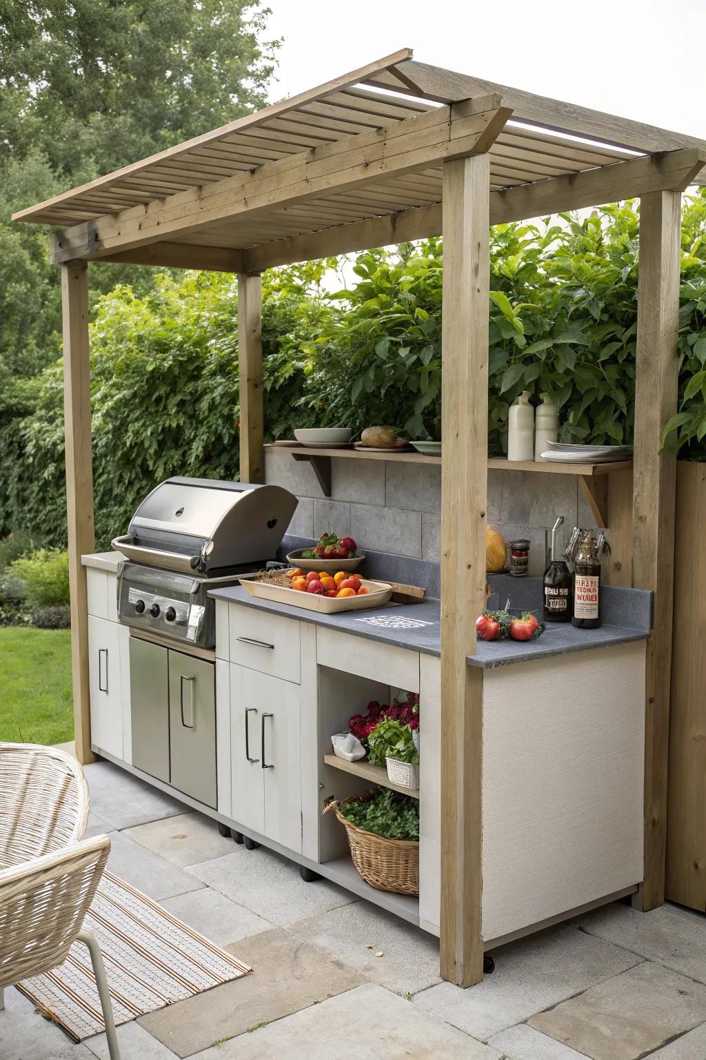 A pergola with an outdoor kitchen makes cooking a delightful outdoor experience.