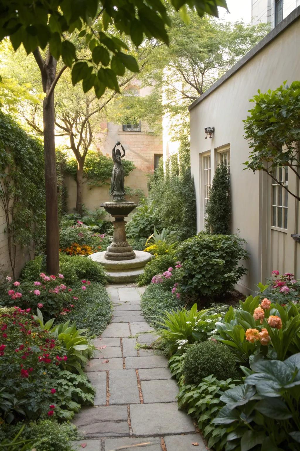 Unusual sculptures add a unique touch to a small courtyard.