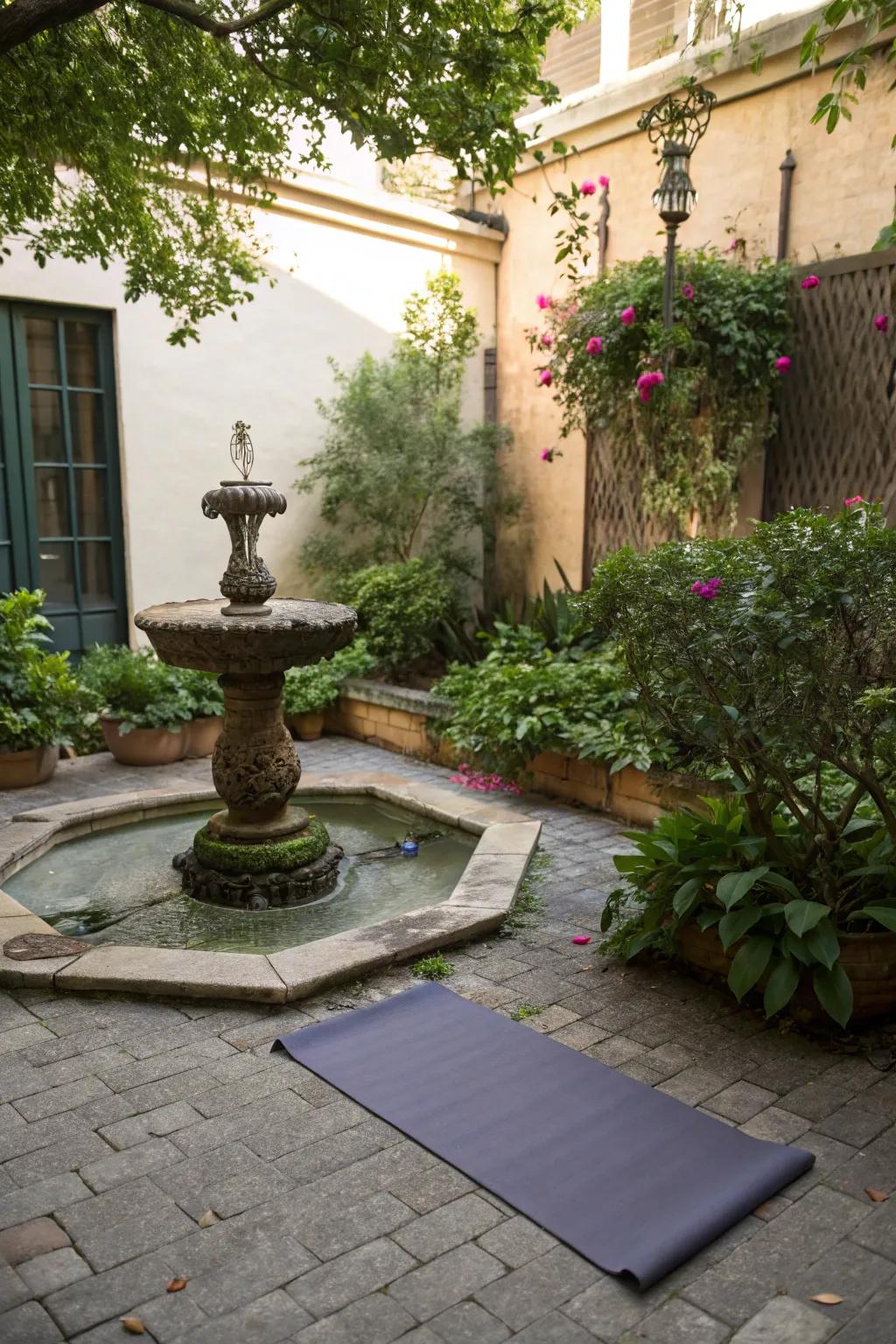 A tranquil meditation corner featuring a calming fountain.