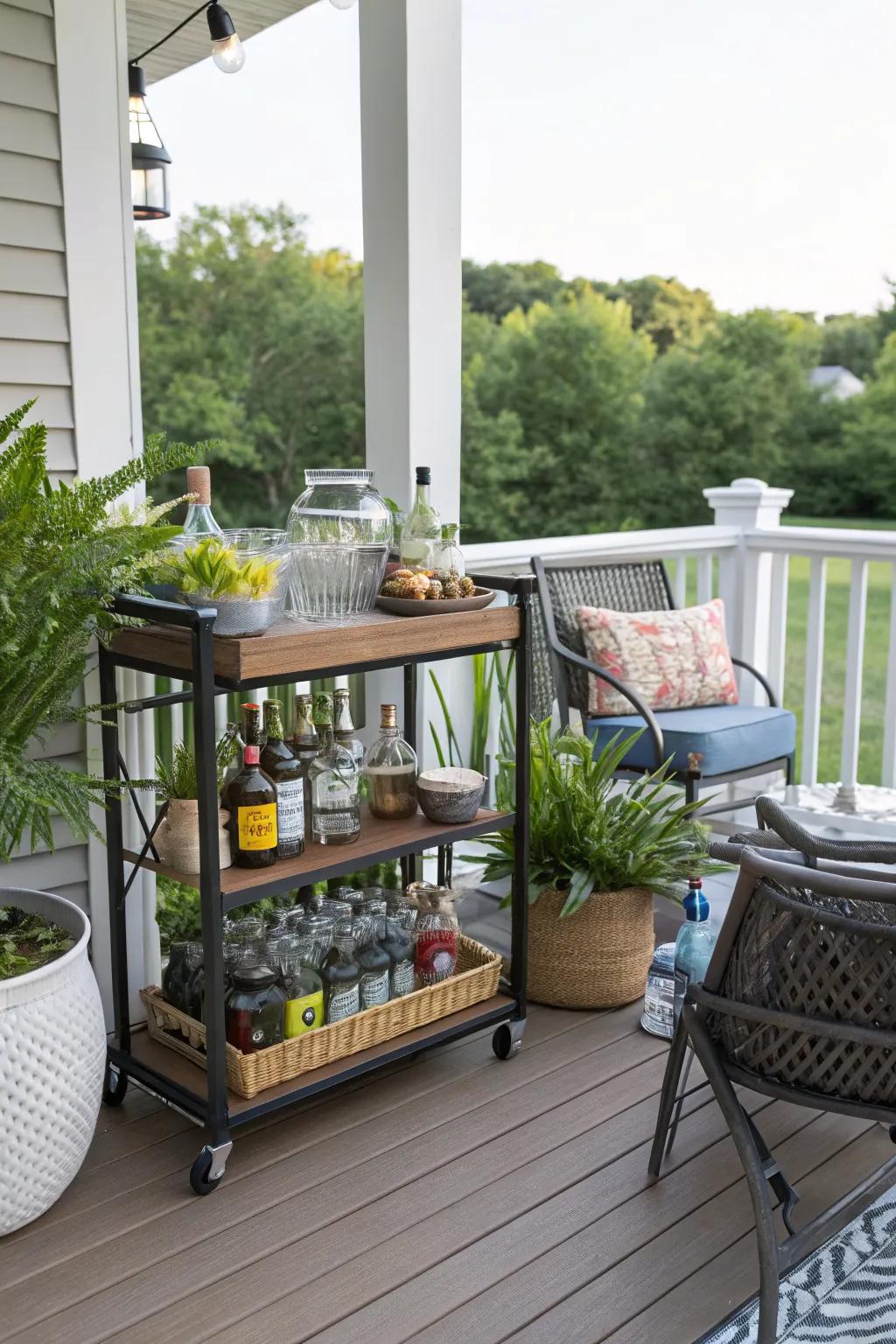 A DIY bar cart is a fun and functional addition to any deck.