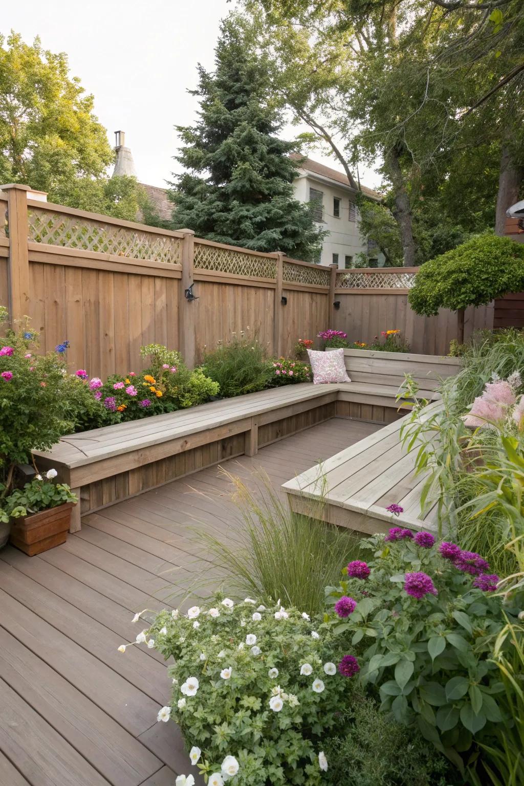 Built-in benches maximize seating and space on small decks.