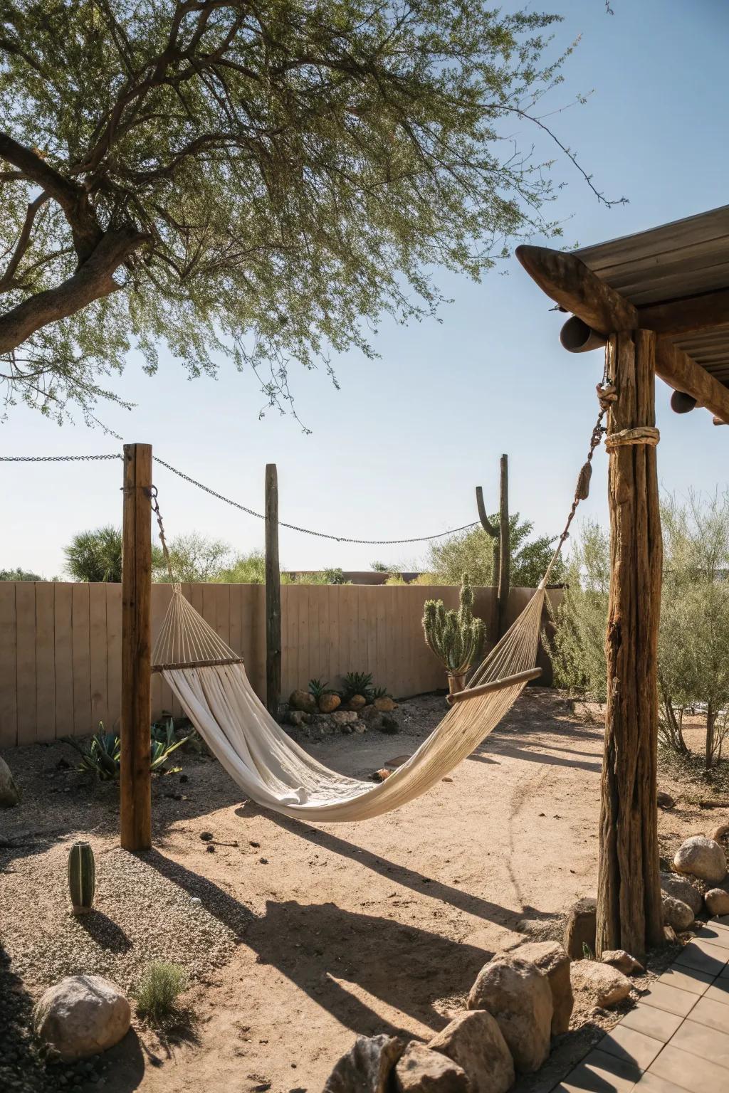 Hammocks provide a cozy place to unwind in the backyard.