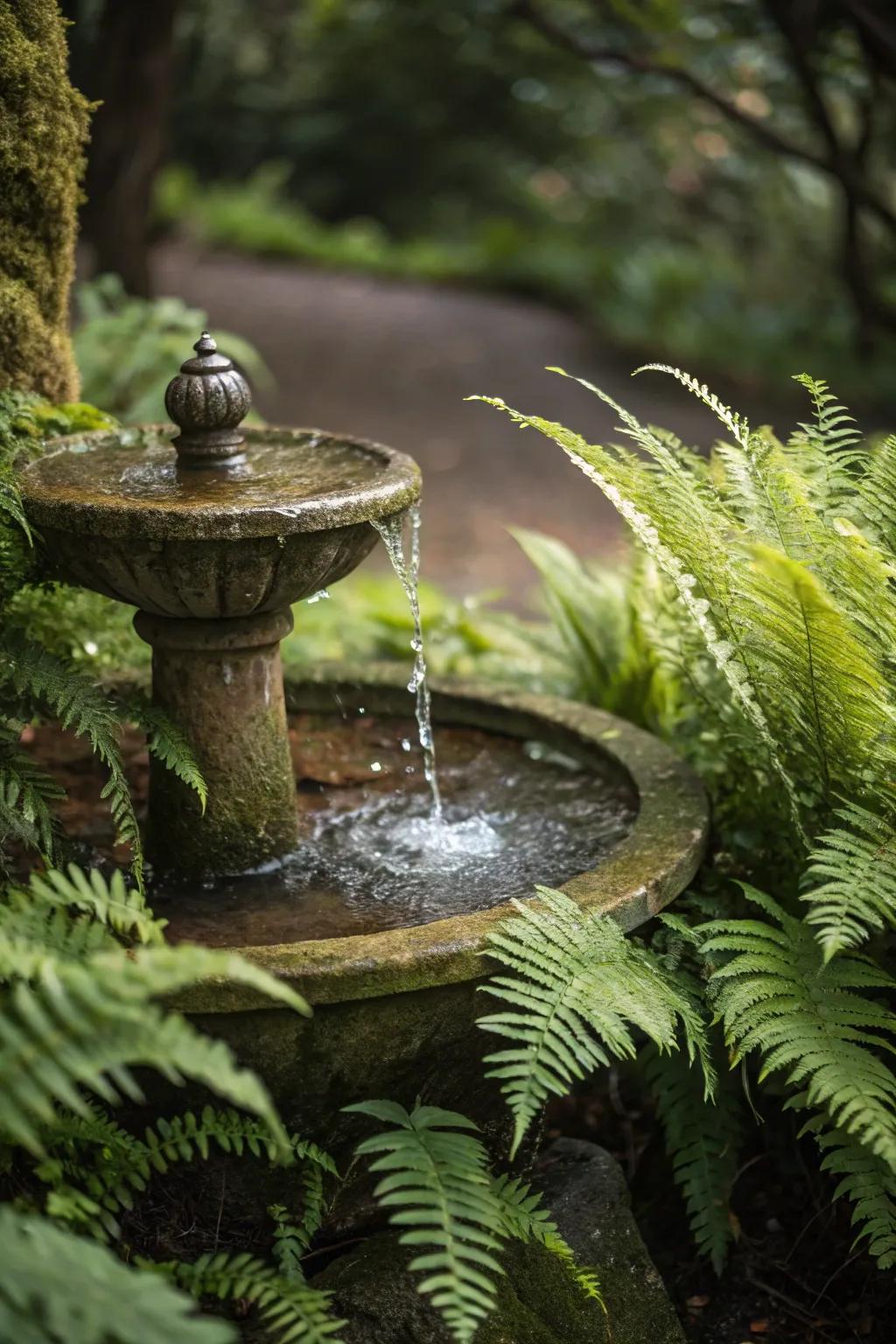 A calming water feature nestled among ferns.