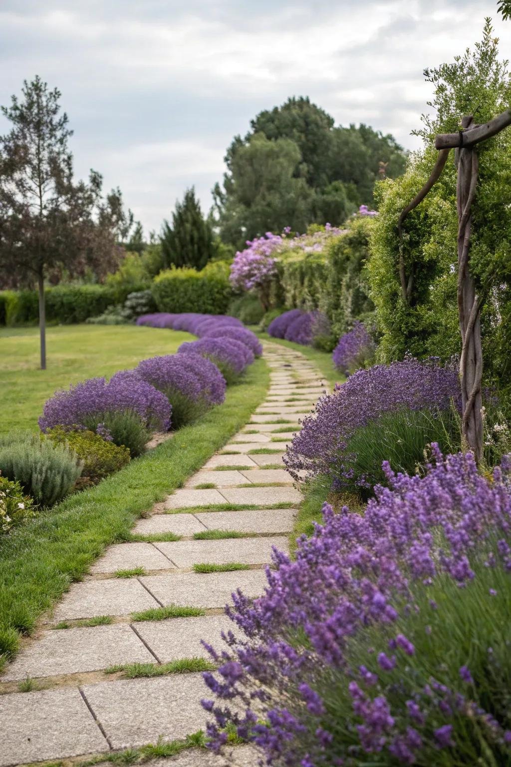 Scented lavender lines a garden path, offering a fragrant walk.