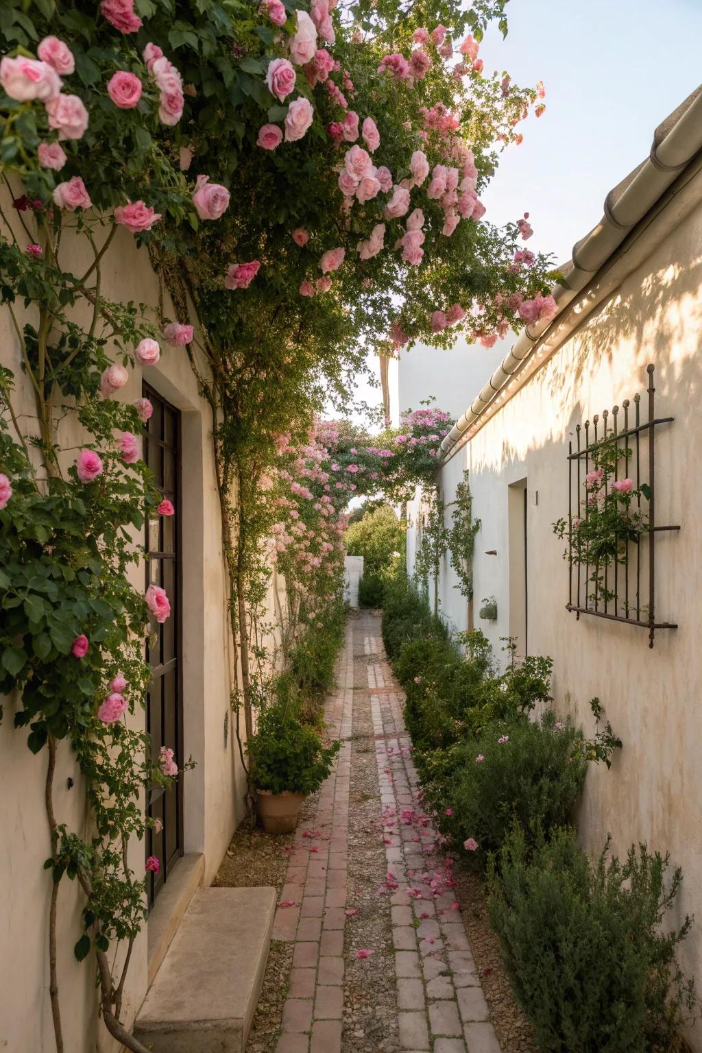 Romantic climbing roses in a quaint courtyard.