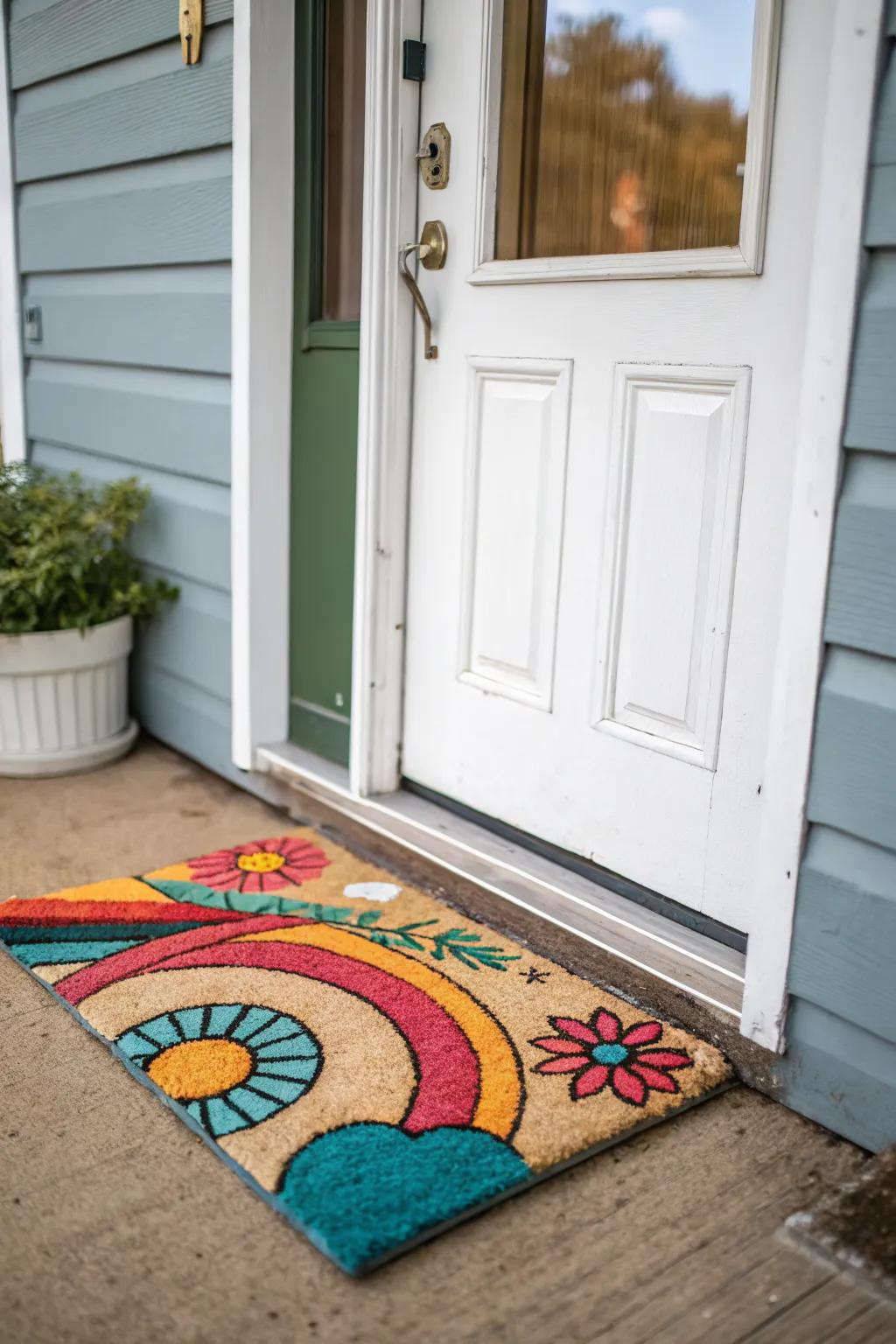 An artistic door mat adds a welcoming touch to a small front door.
