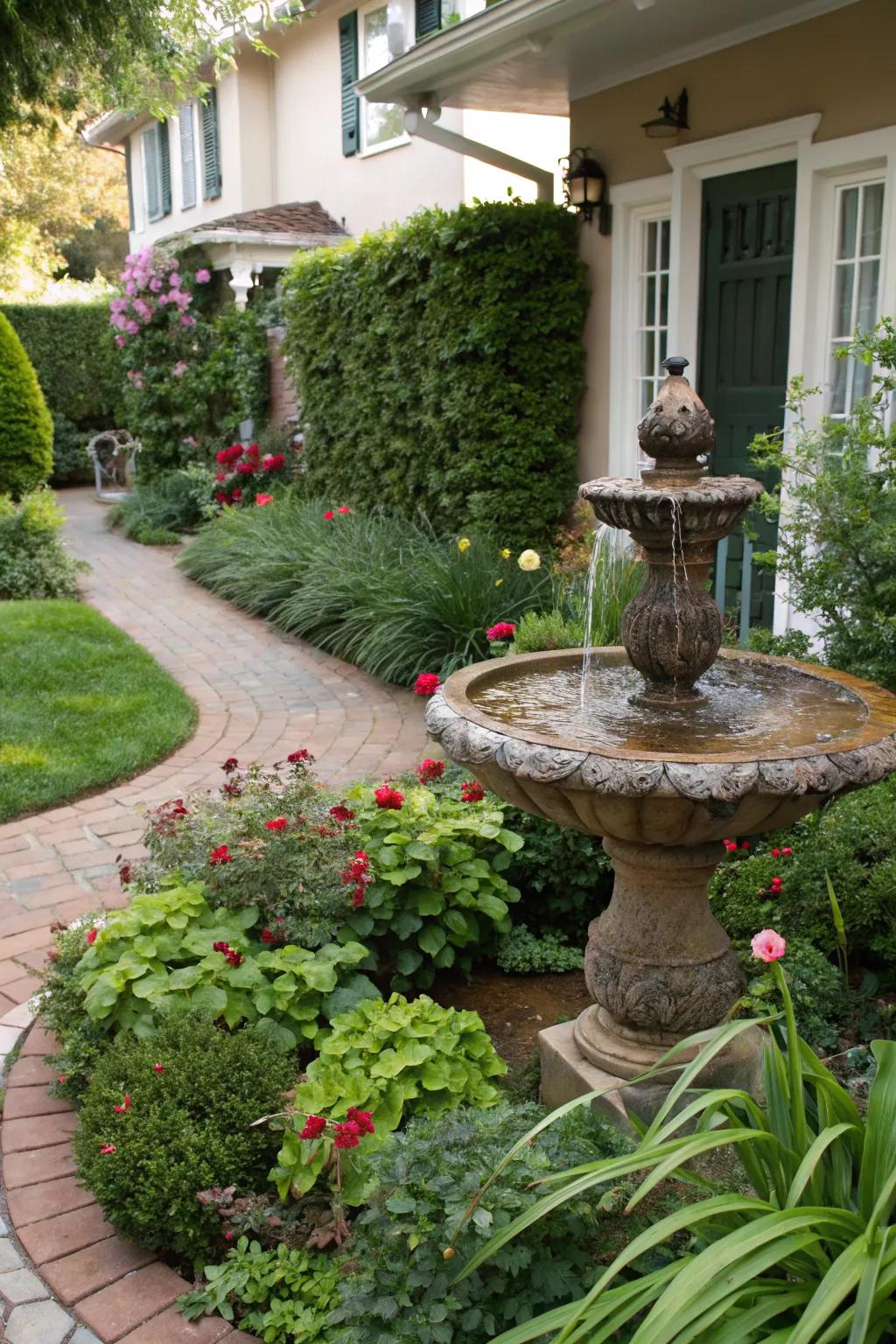 A small water fountain brings tranquility to the garden.