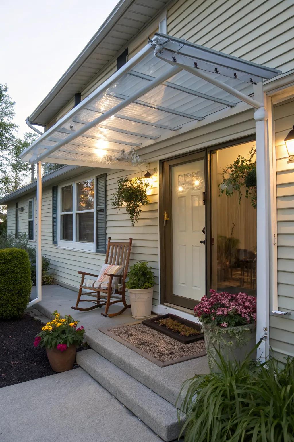 A glass-look awning provides a sleek, modern appearance.