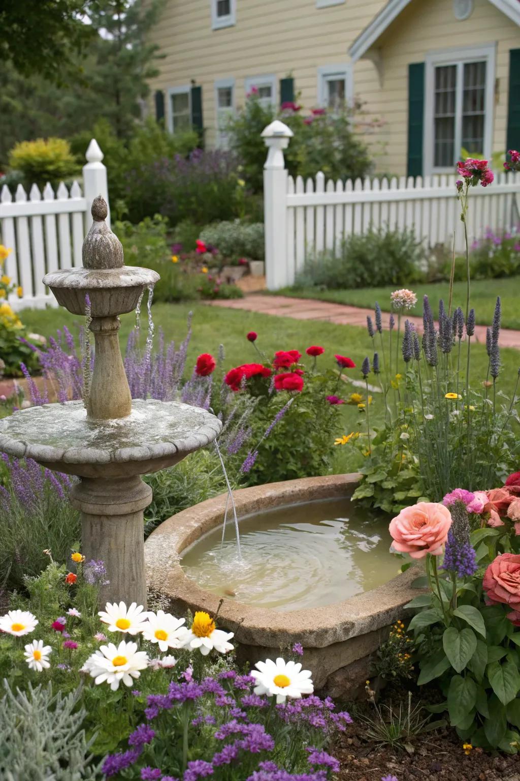 A mini fountain adds a touch of tranquility to this cottage garden.