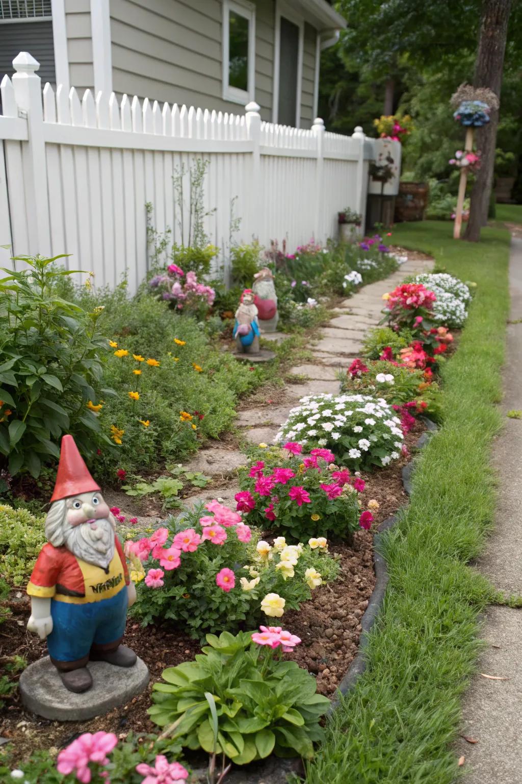 Garden gnomes add a playful touch to a flower garden.