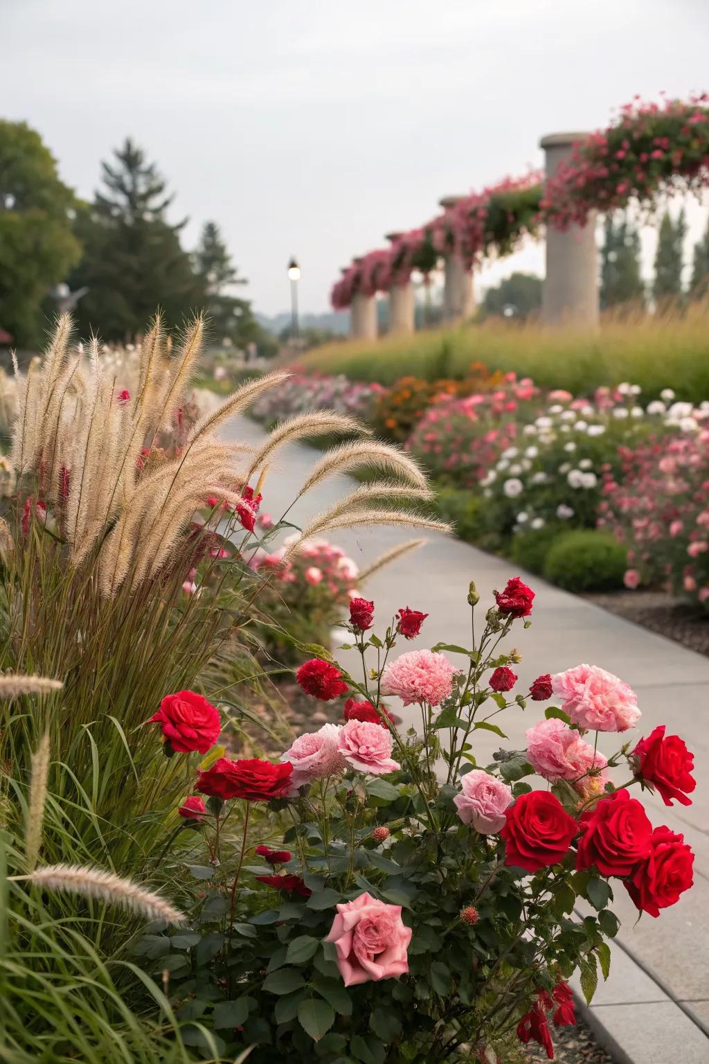 A dynamic garden bed featuring roses mixed with ornamental grasses.