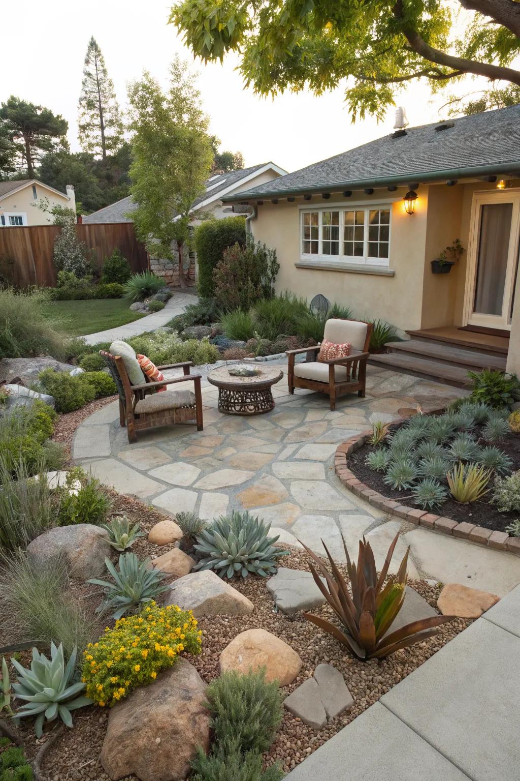 A cozy seating nook in a xeriscape garden.