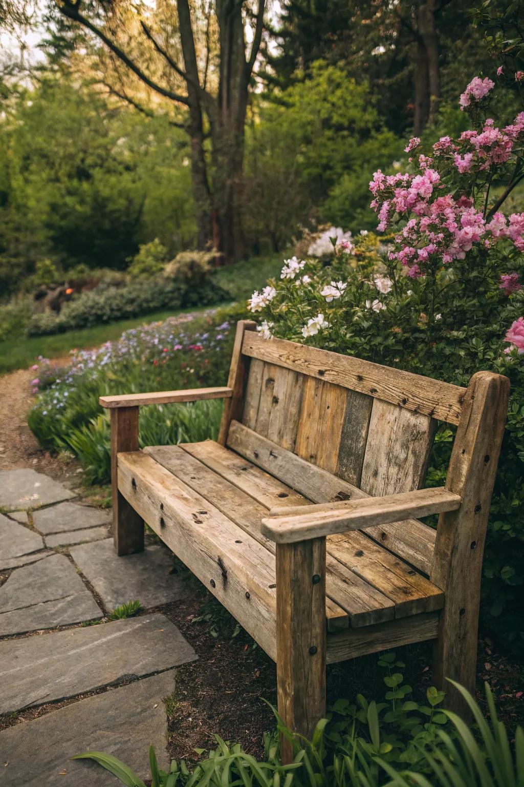 Reclaimed wood bench showcasing rustic charm in the garden.