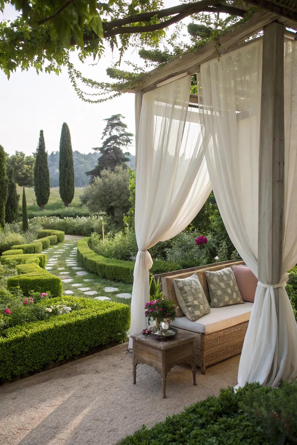 A dreamy garden canopy retreat for relaxation.