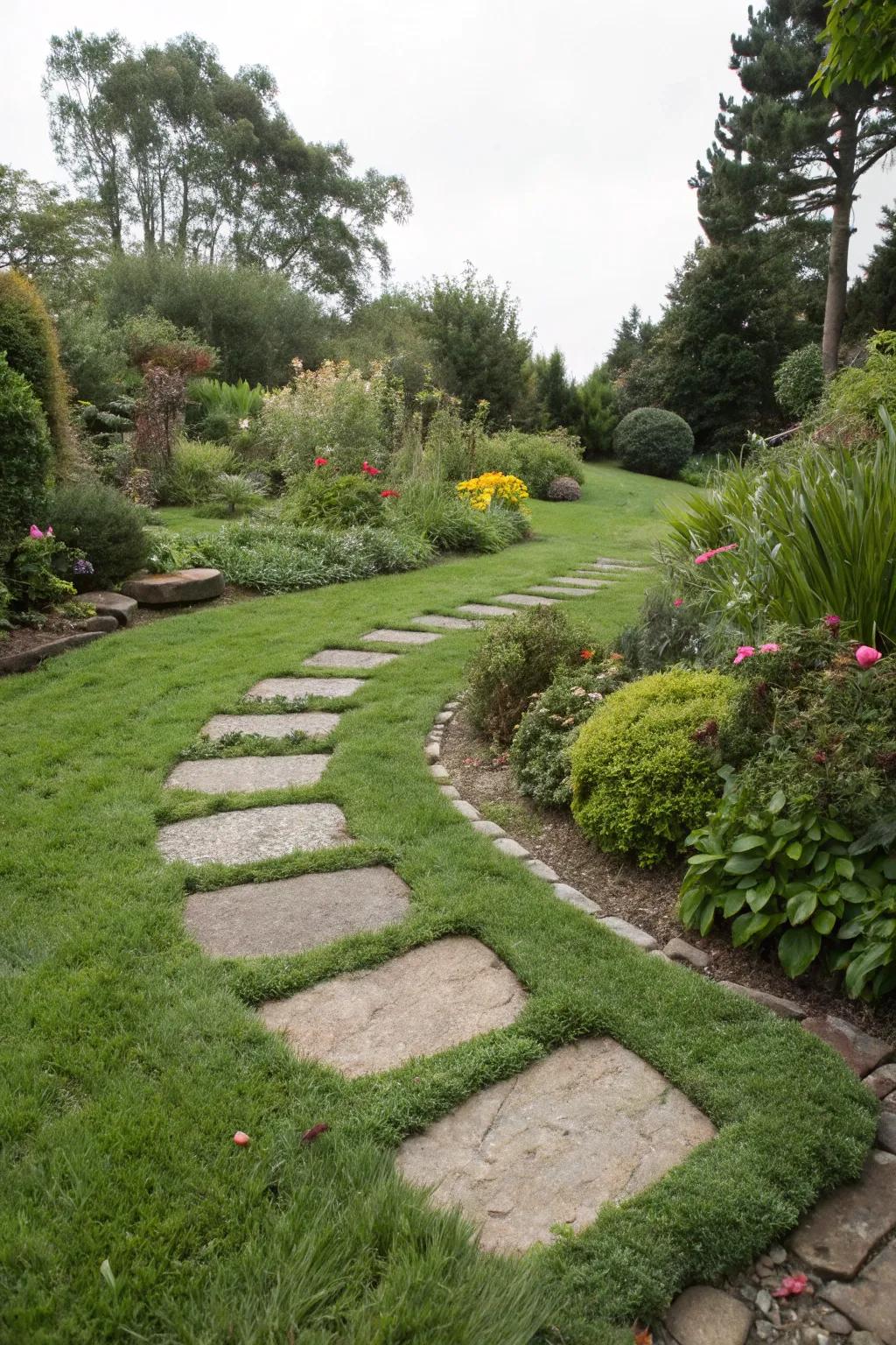 Faux grass stepping stones offer a playful touch