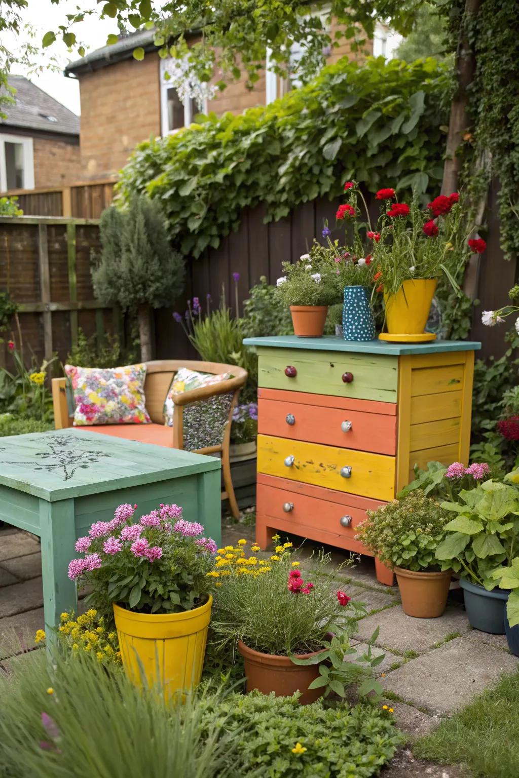 Upcycled furniture adds character and sustainability to garden spaces.