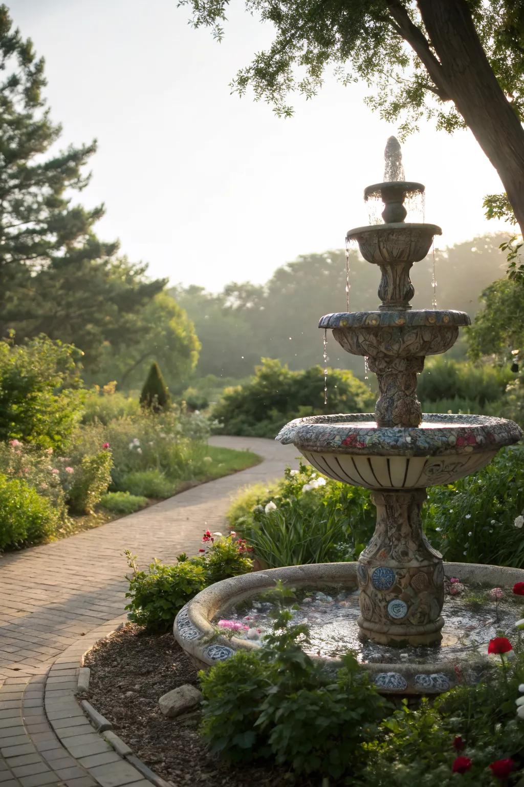 A recycled material fountain adds a unique touch.