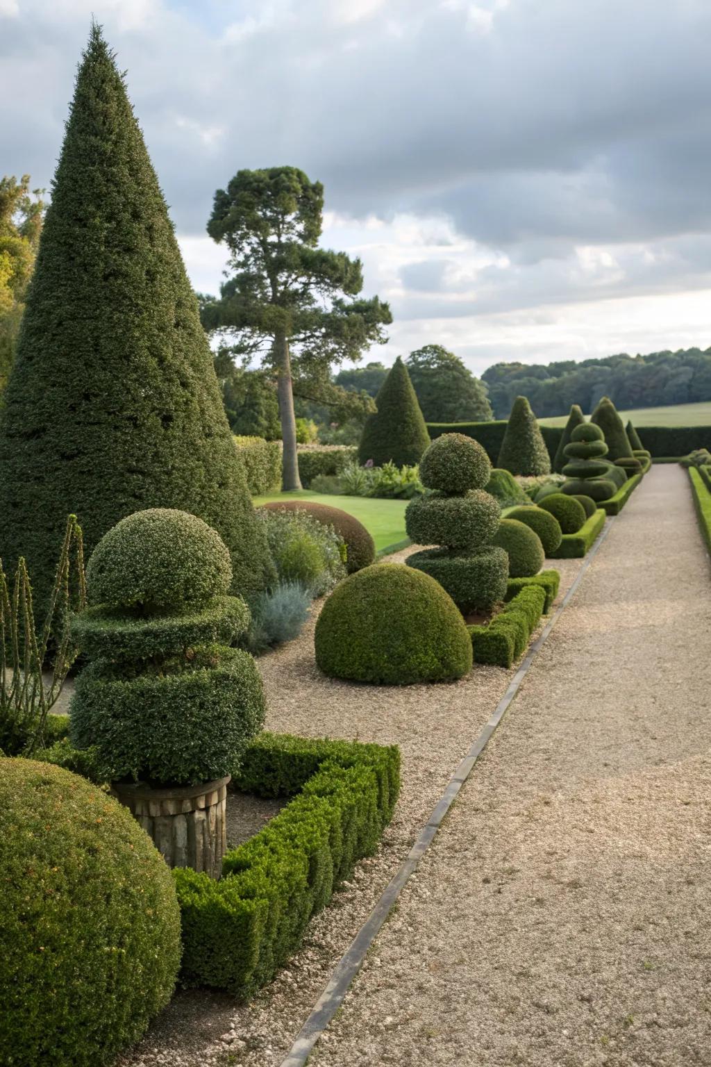 Topiary adds classic elegance to a gravel garden.
