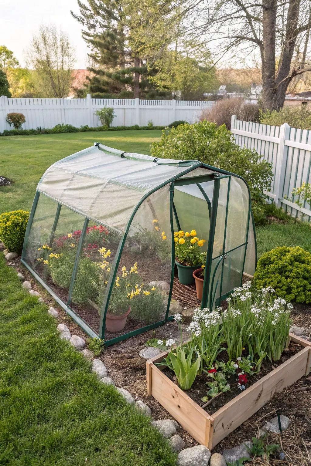 A convenient portable pop-up greenhouse for seasonal use.