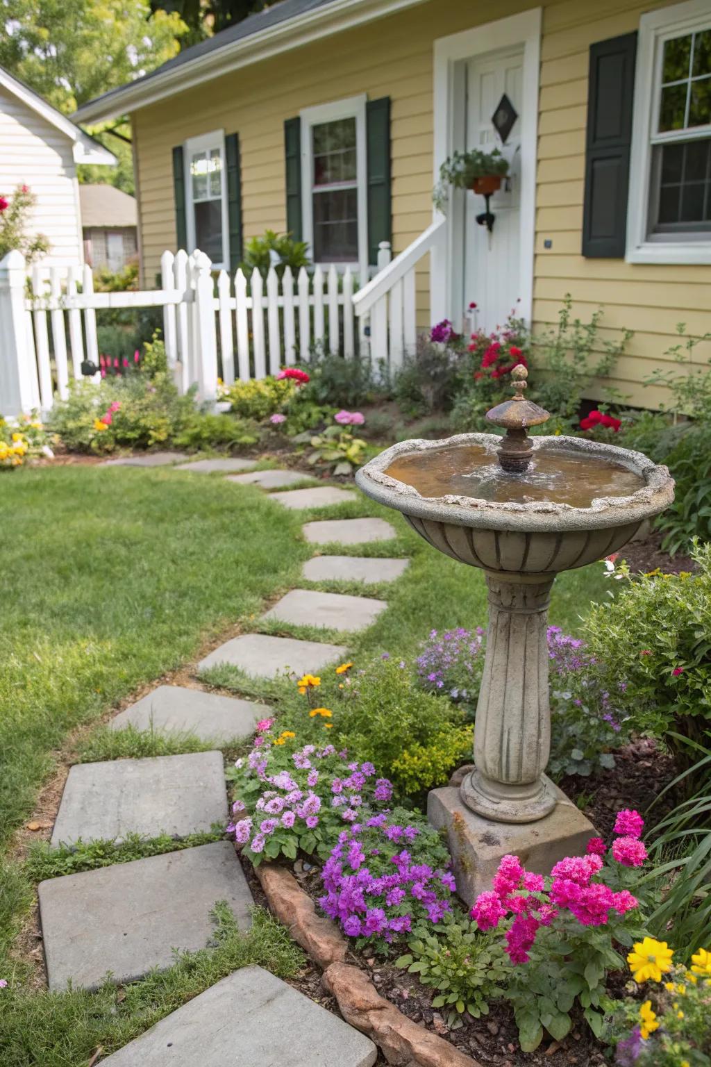 A bird bath invites nature into your garden.