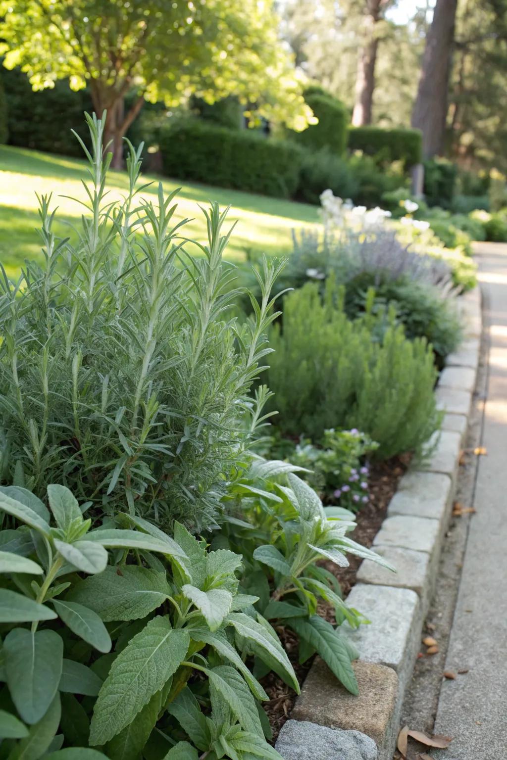 Rosemary and sage plants integrated into the garden border.