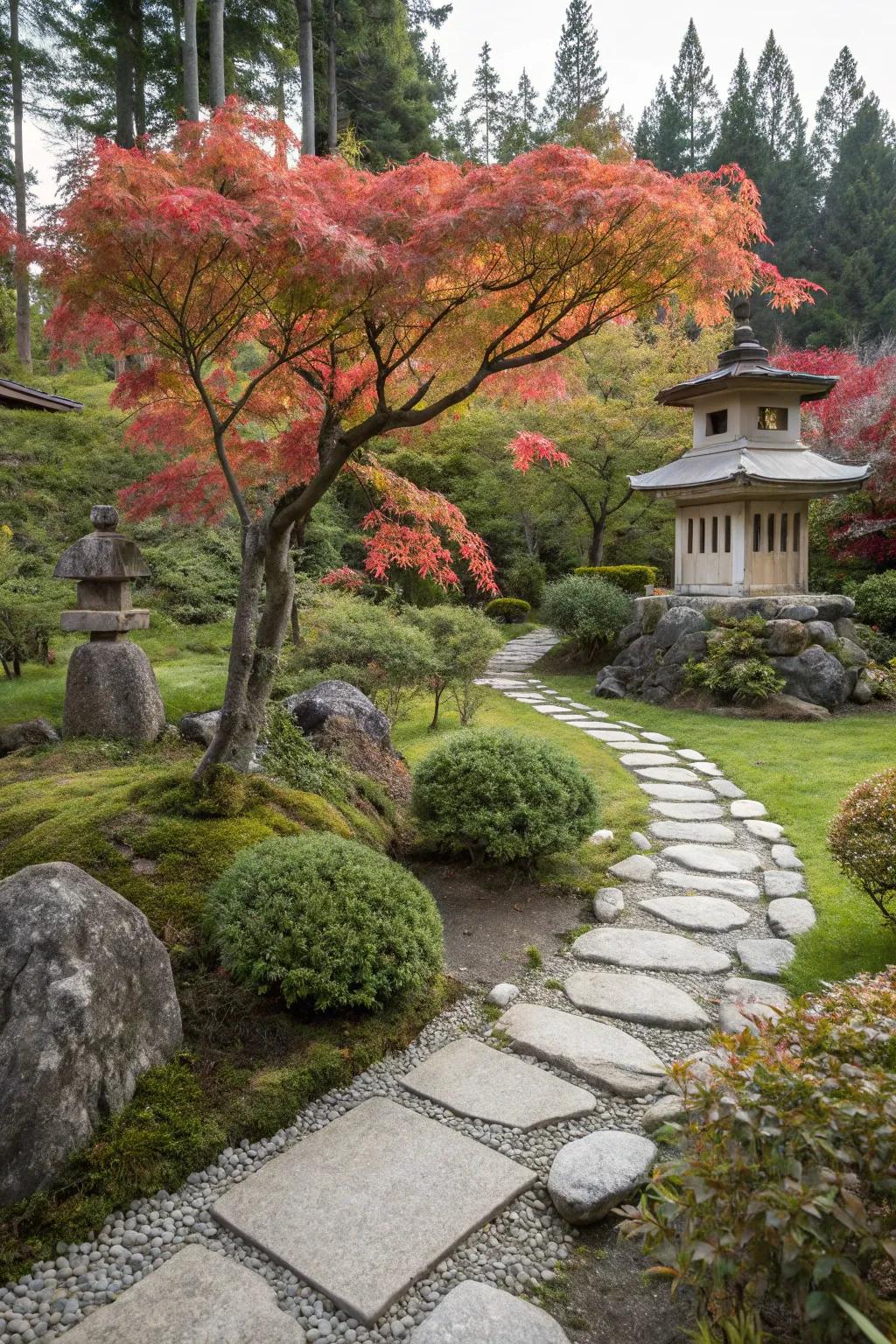 Japanese maples offer vibrant colors and a striking presence in the garden.