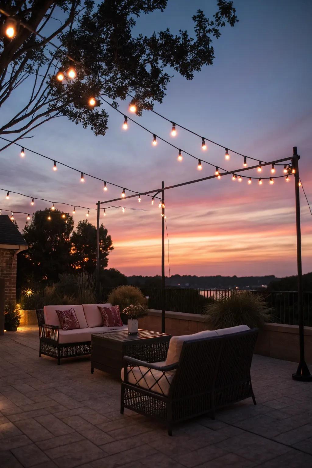String lights create a magical evening atmosphere.