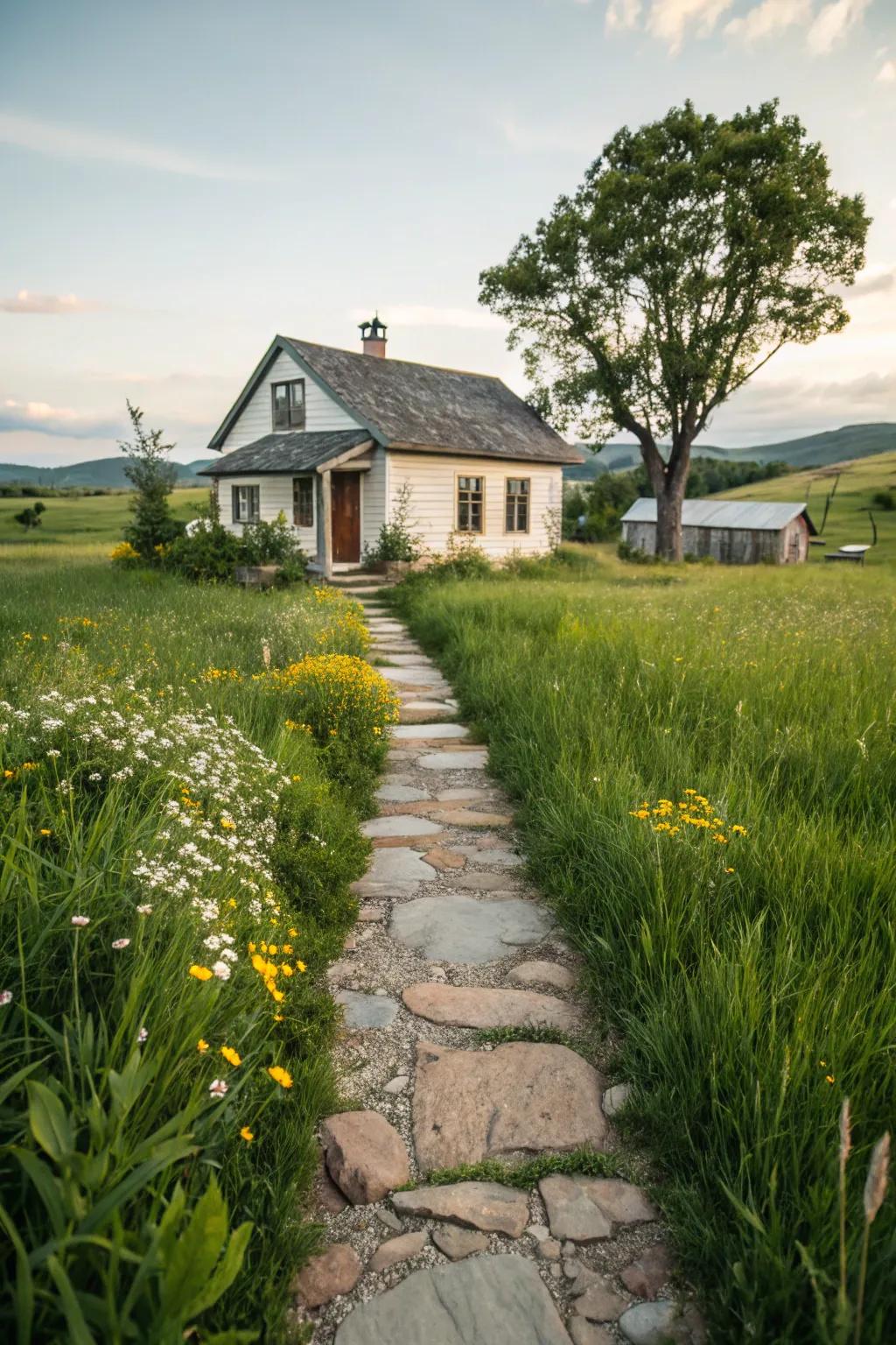 Elegant stone walkway enhancing farmhouse appeal