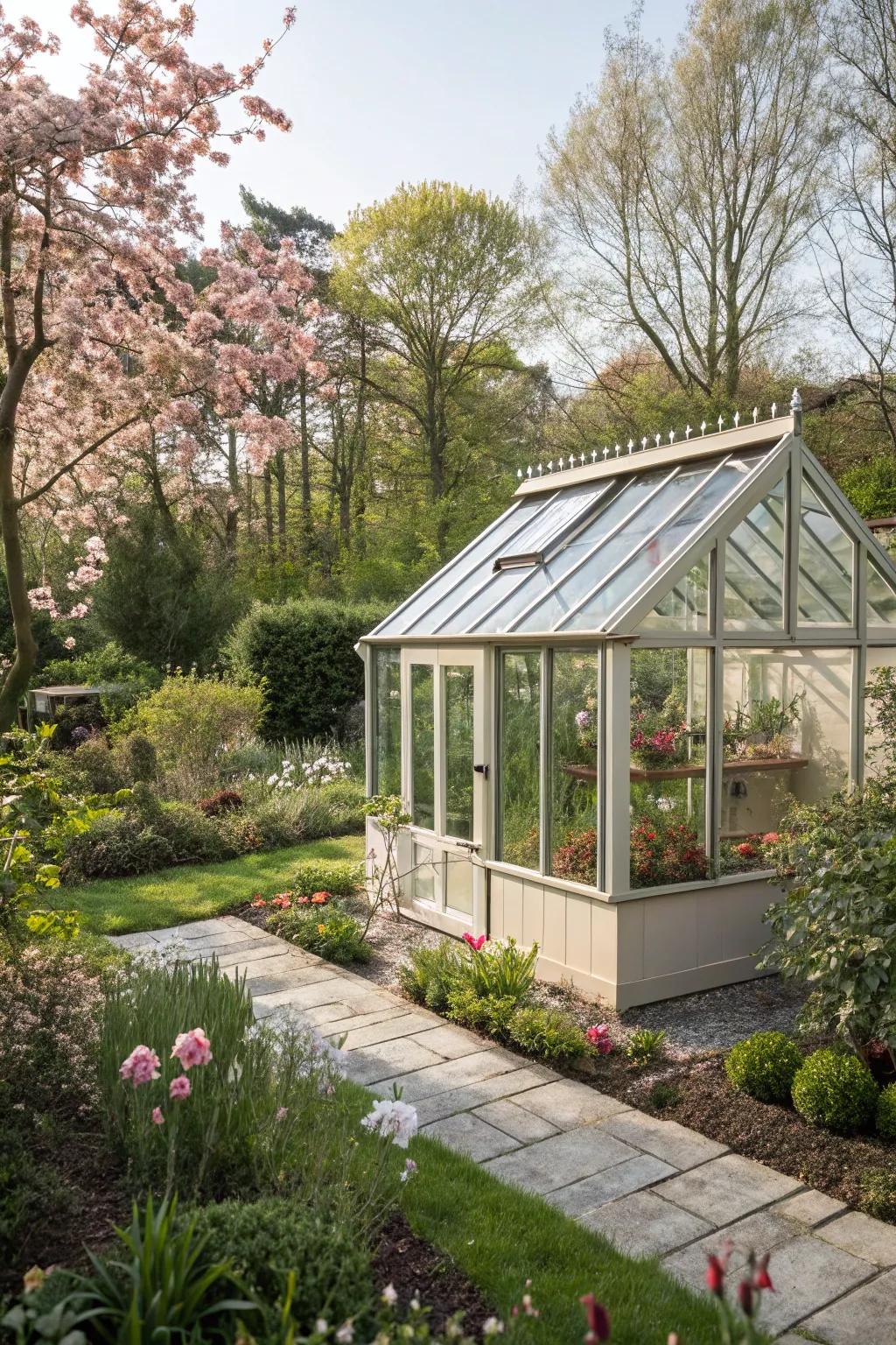 A compact greenhouse for year-round gardening.