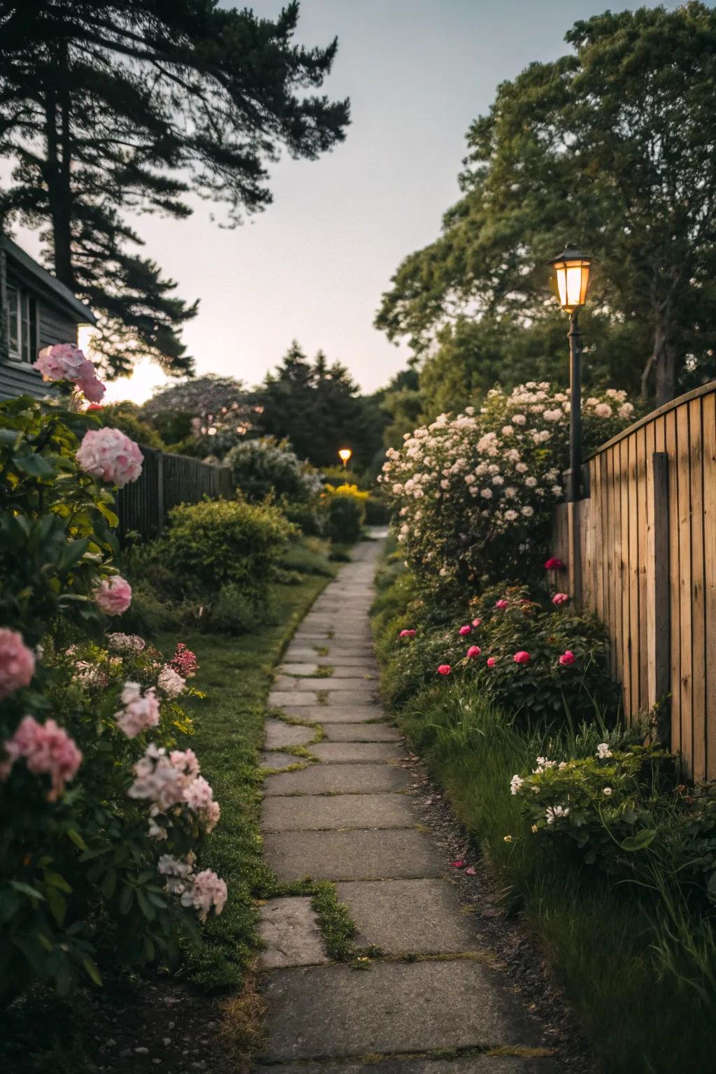 An enchanting garden path illuminated by gentle lights.