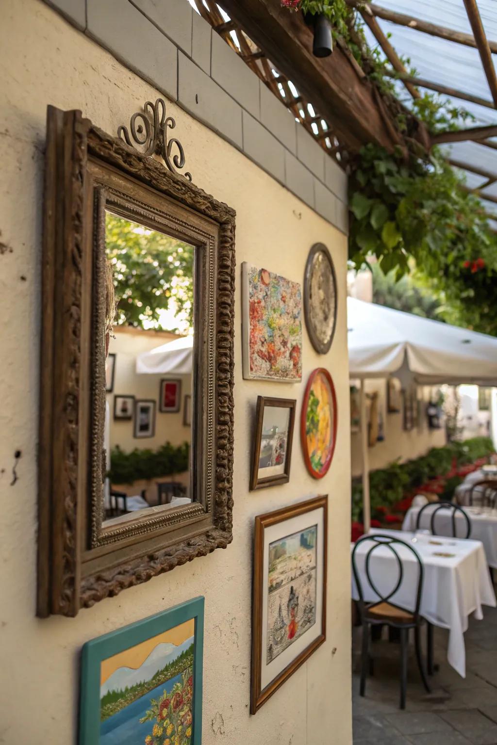 Wall-mounted decor adds style and depth to outdoor dining spaces.