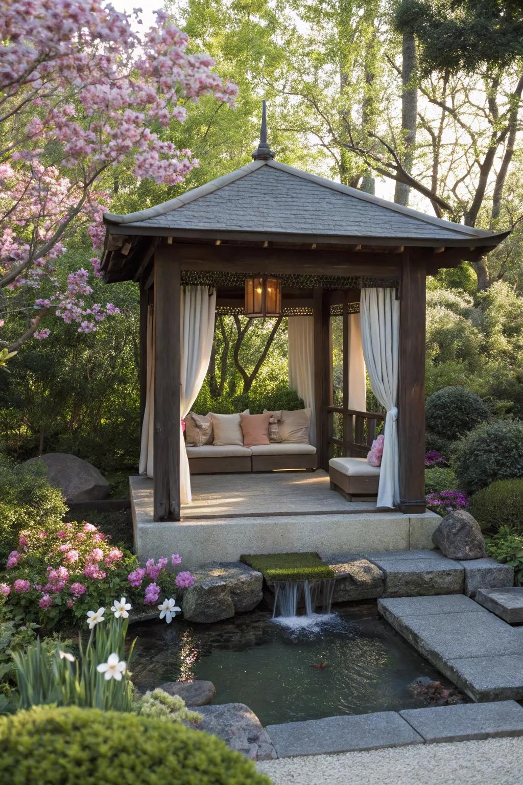 A serene meditation nook within a tranquil pavilion.