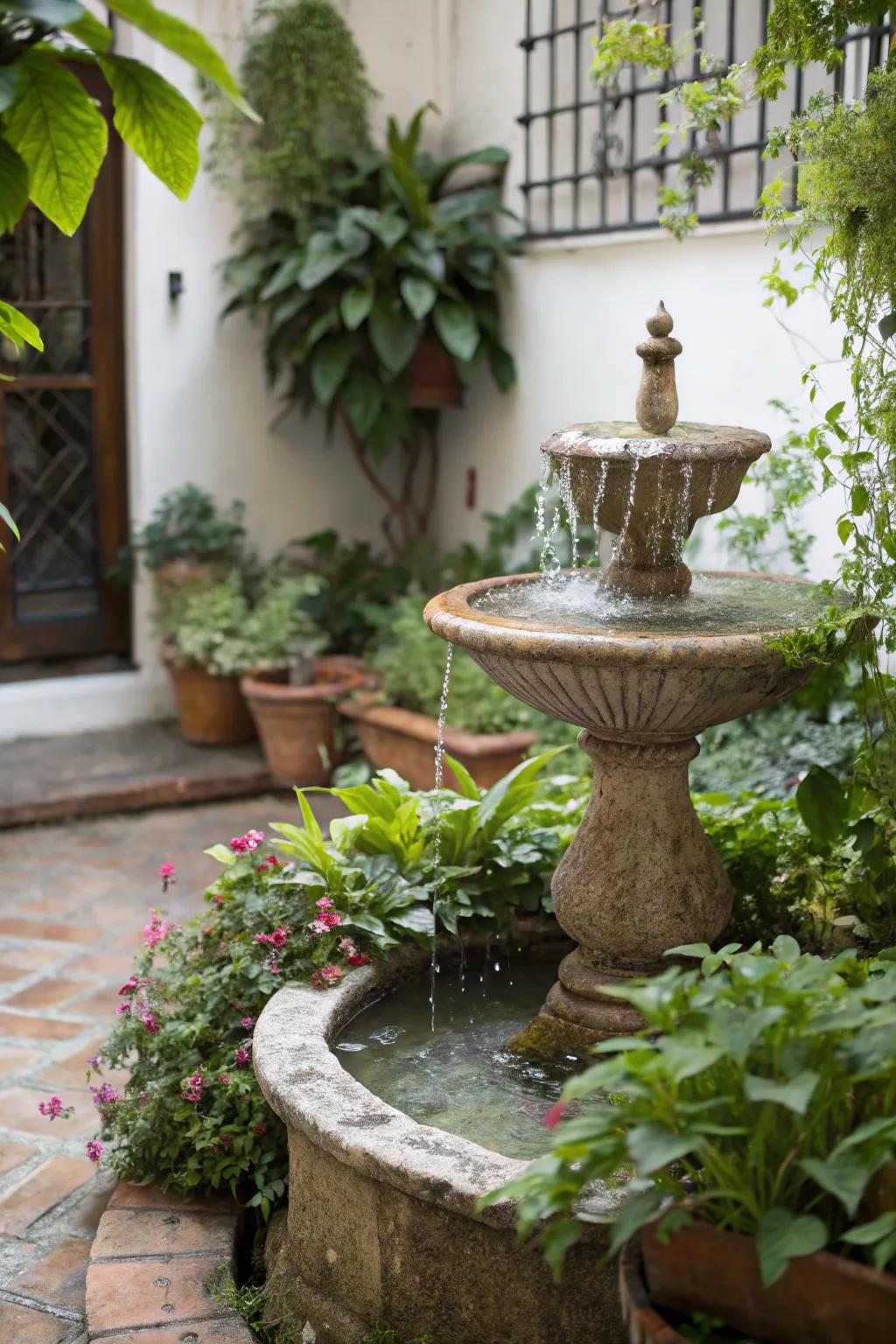 Water features add tranquility to outdoor areas.