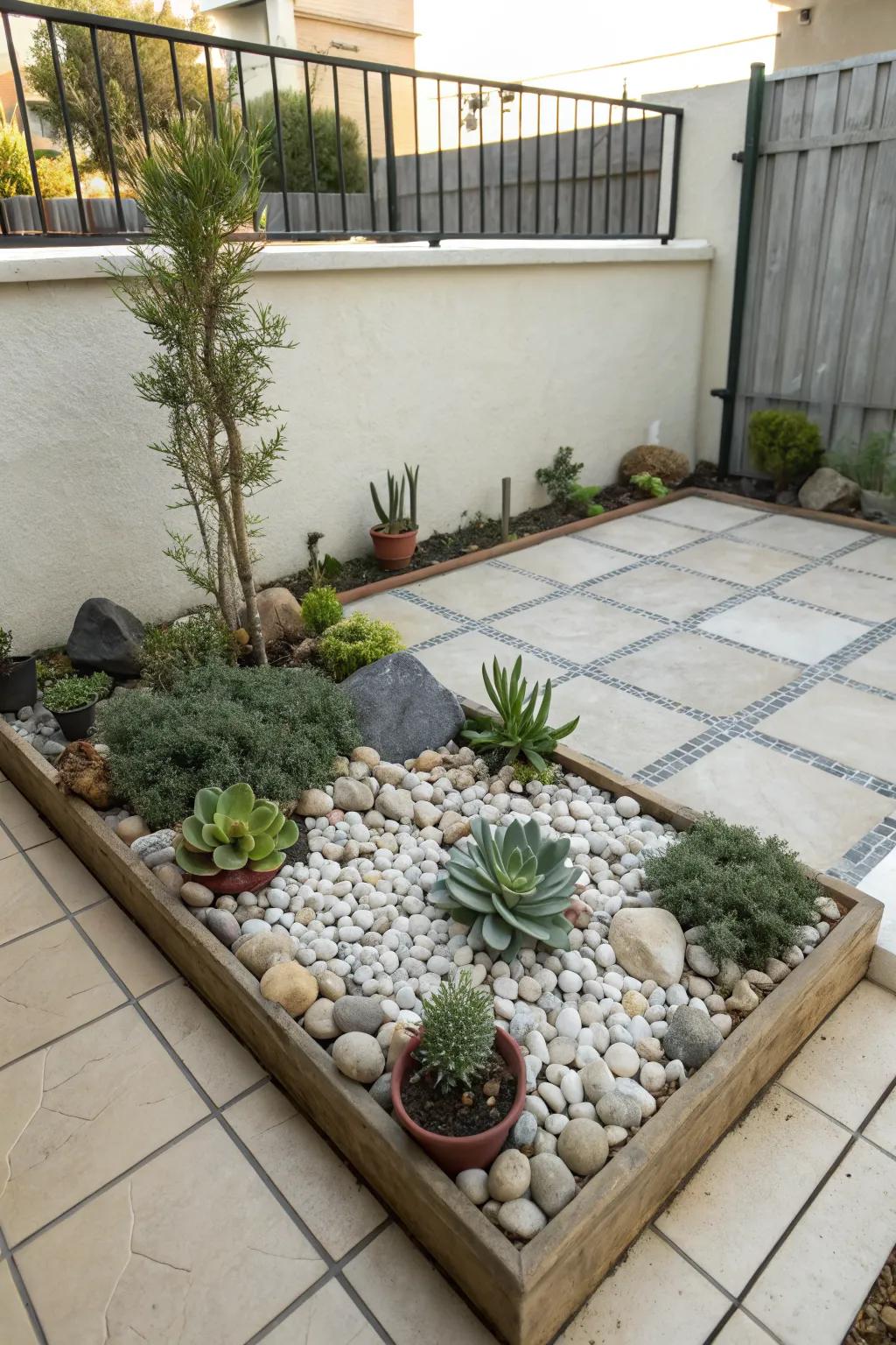 A miniature rock garden adds a unique touch to your patio.