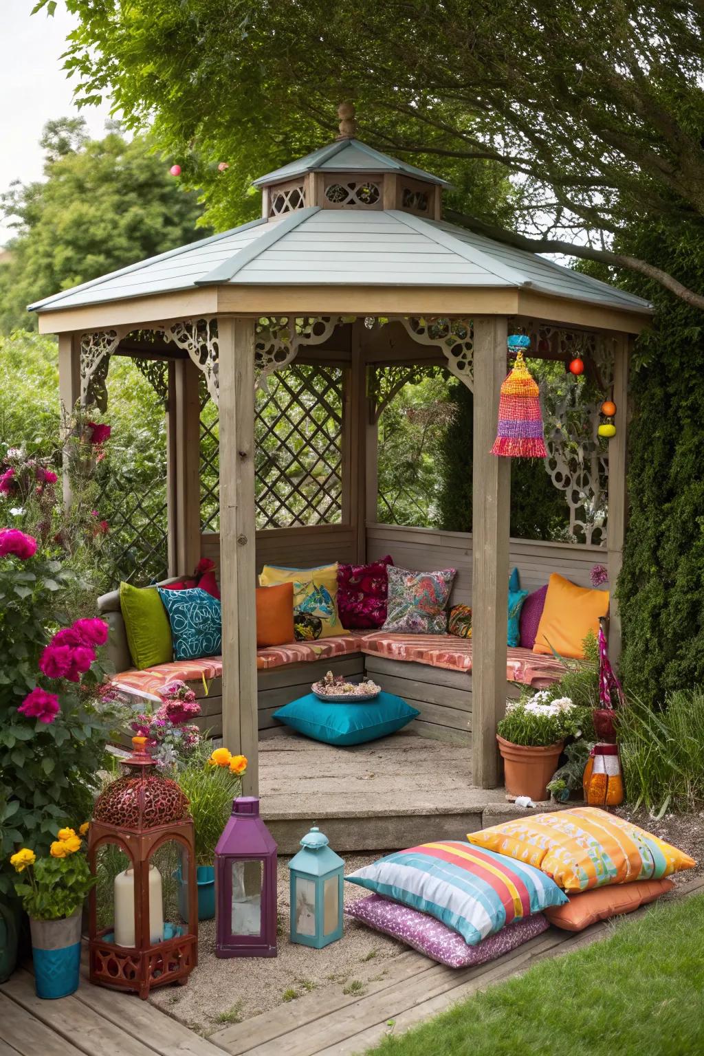 Pops of color adding vibrancy to a small patio gazebo.