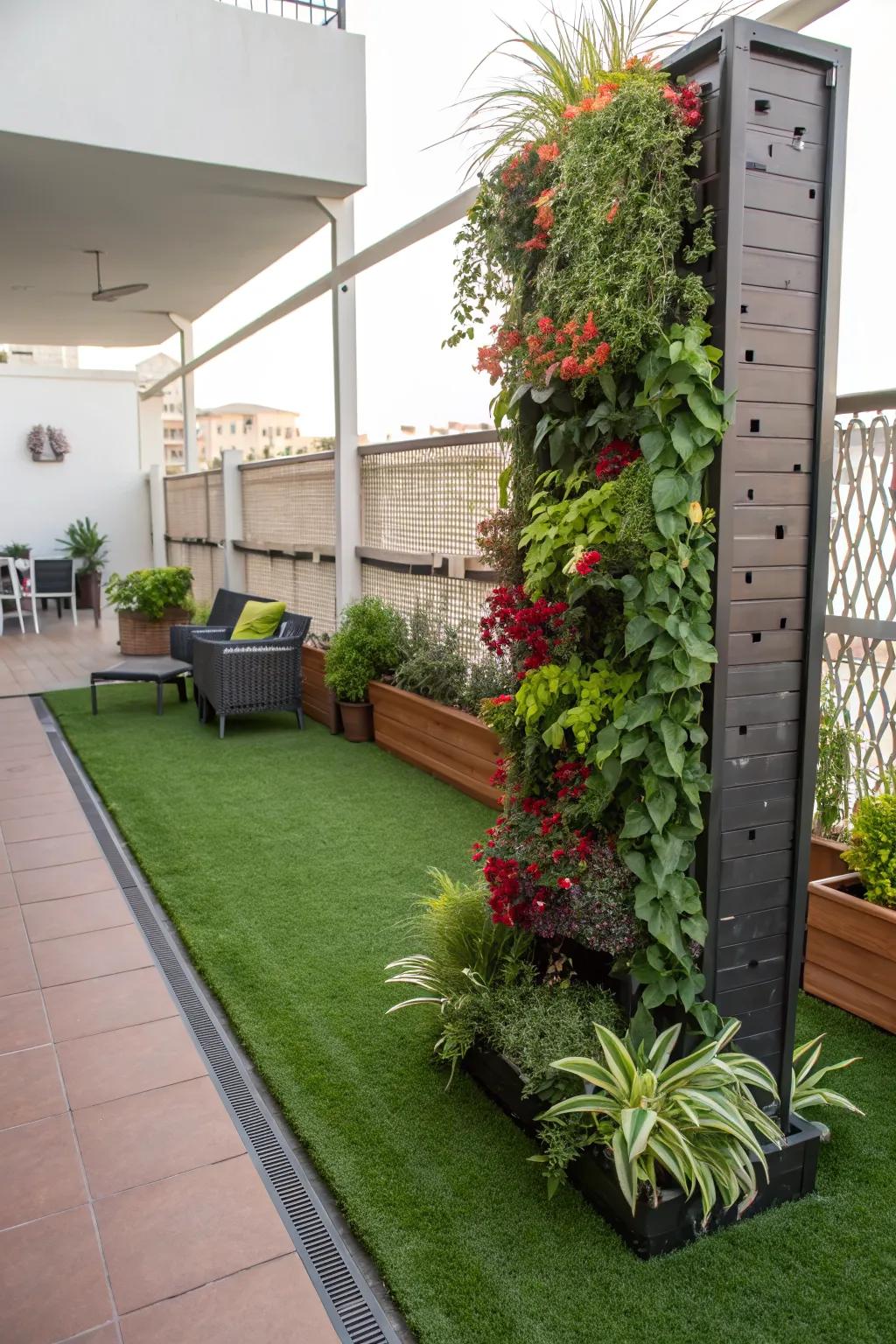Vertical planters add layers of lush greenery.