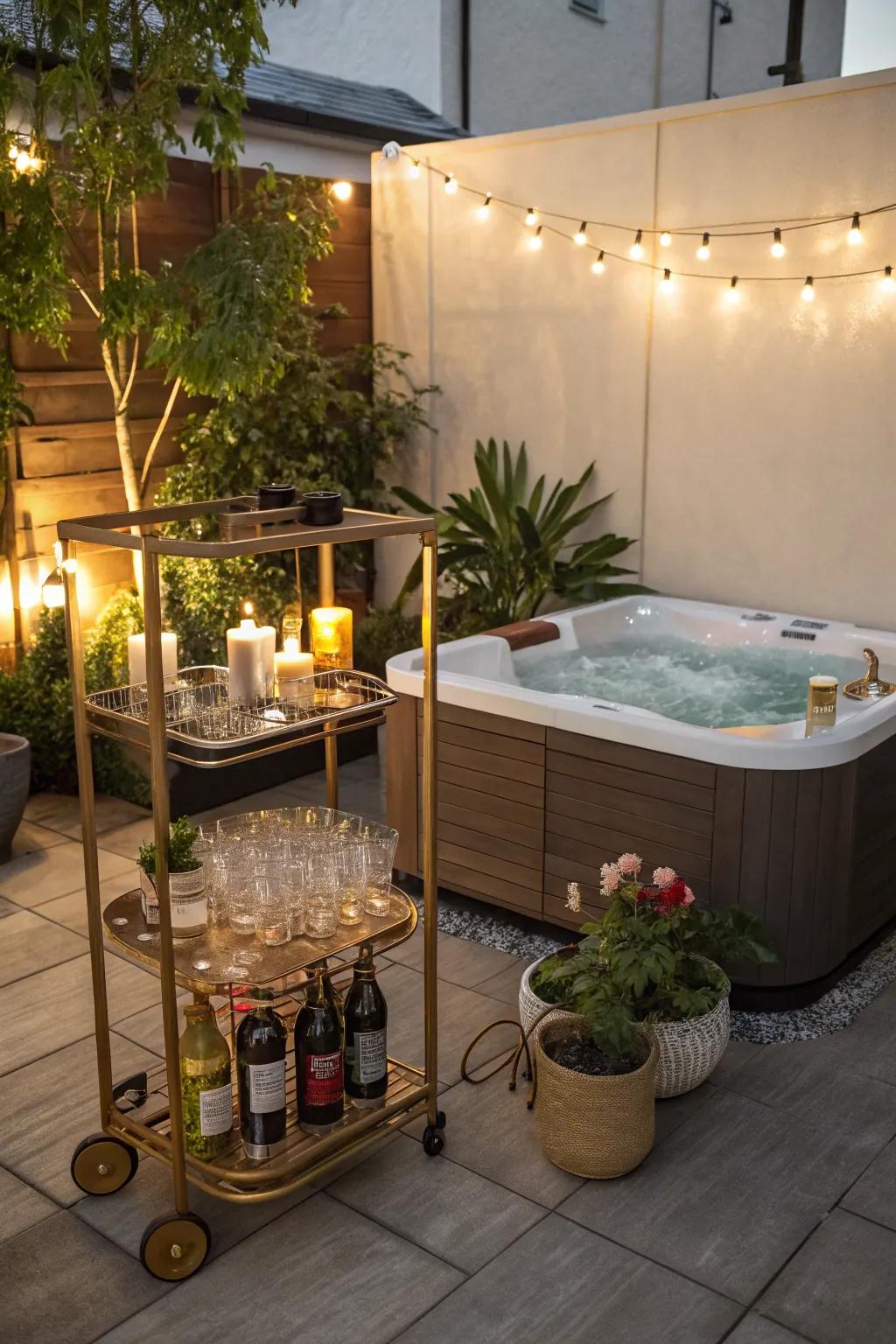 A bar cart adds convenience and style to your hot tub area.
