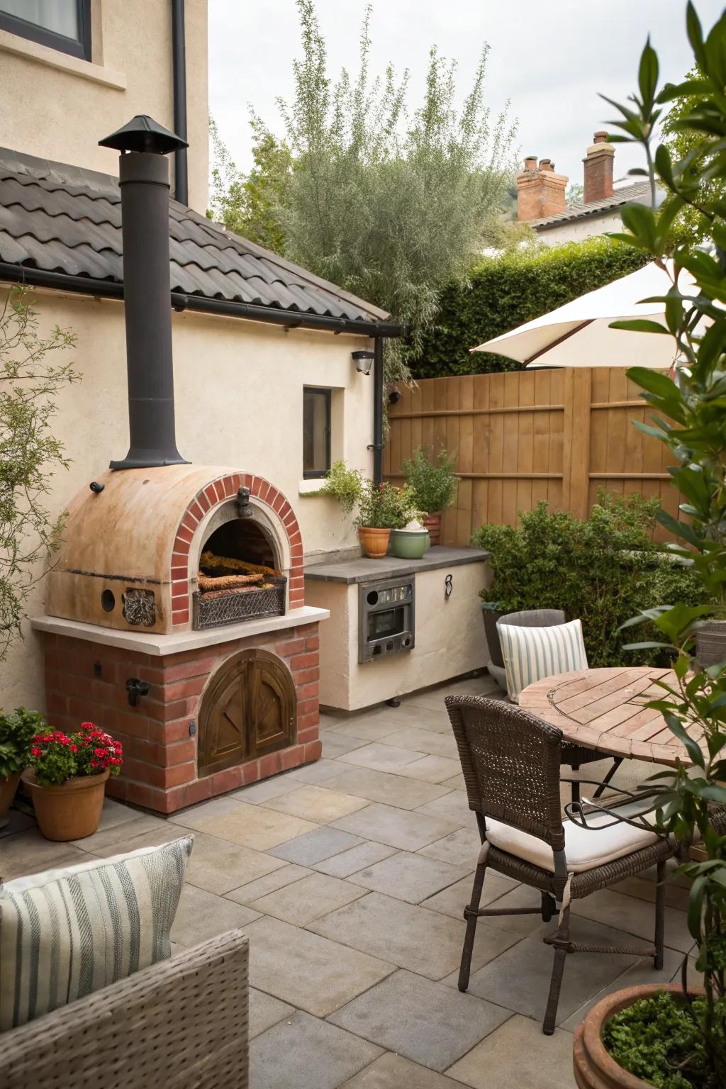 A charming compact pizza oven in a small patio kitchen.